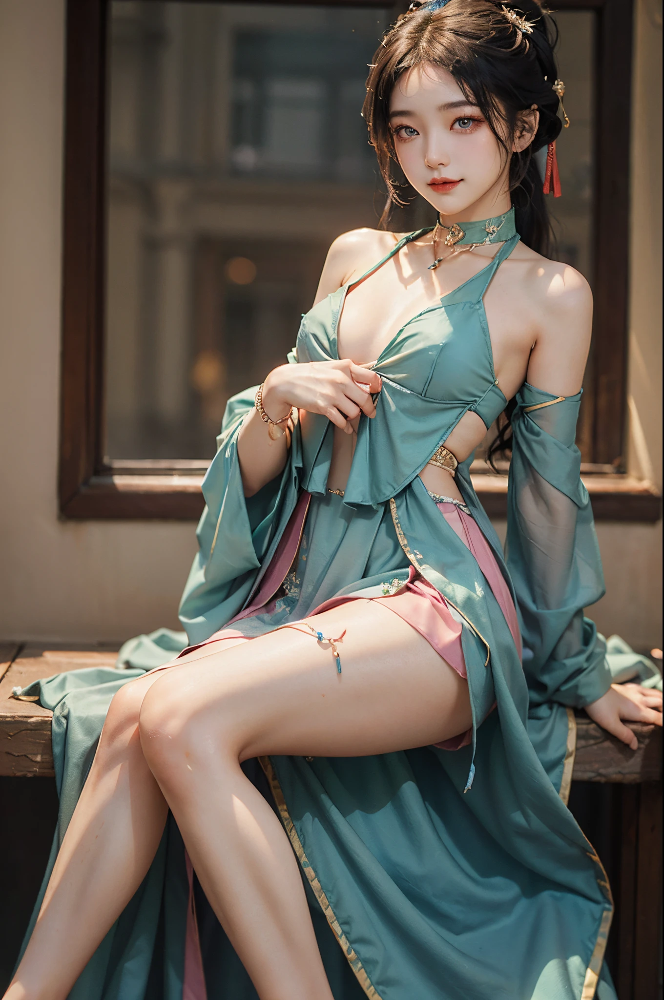 Cowboy shooting,China-style,20-year-old Asian model,Smile shyly,slim waist,Hanfu (hanfu),Delicate face,Fluorescent color long skirt,cropped shoulders, the night, a warm color palette, A pair of GGX heels,Random scenes,Random pose,Long legs crossed,Flirting skirts,Perfect curves,Shoot at night,a warm color palette,best qualtiy,耳Nipple Ring、choker necklace、Hairpins,Heavy makeup,Gorgeous eye makeup,extremely beautiful eyes