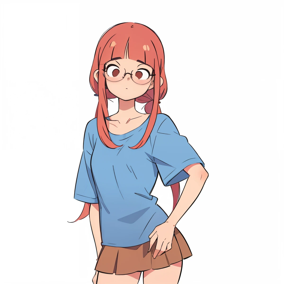 ite girl, rose hair ( Straight bangs: Two low ponytails) with glasses on, brown skirt, big blue t-shirt. rose hair