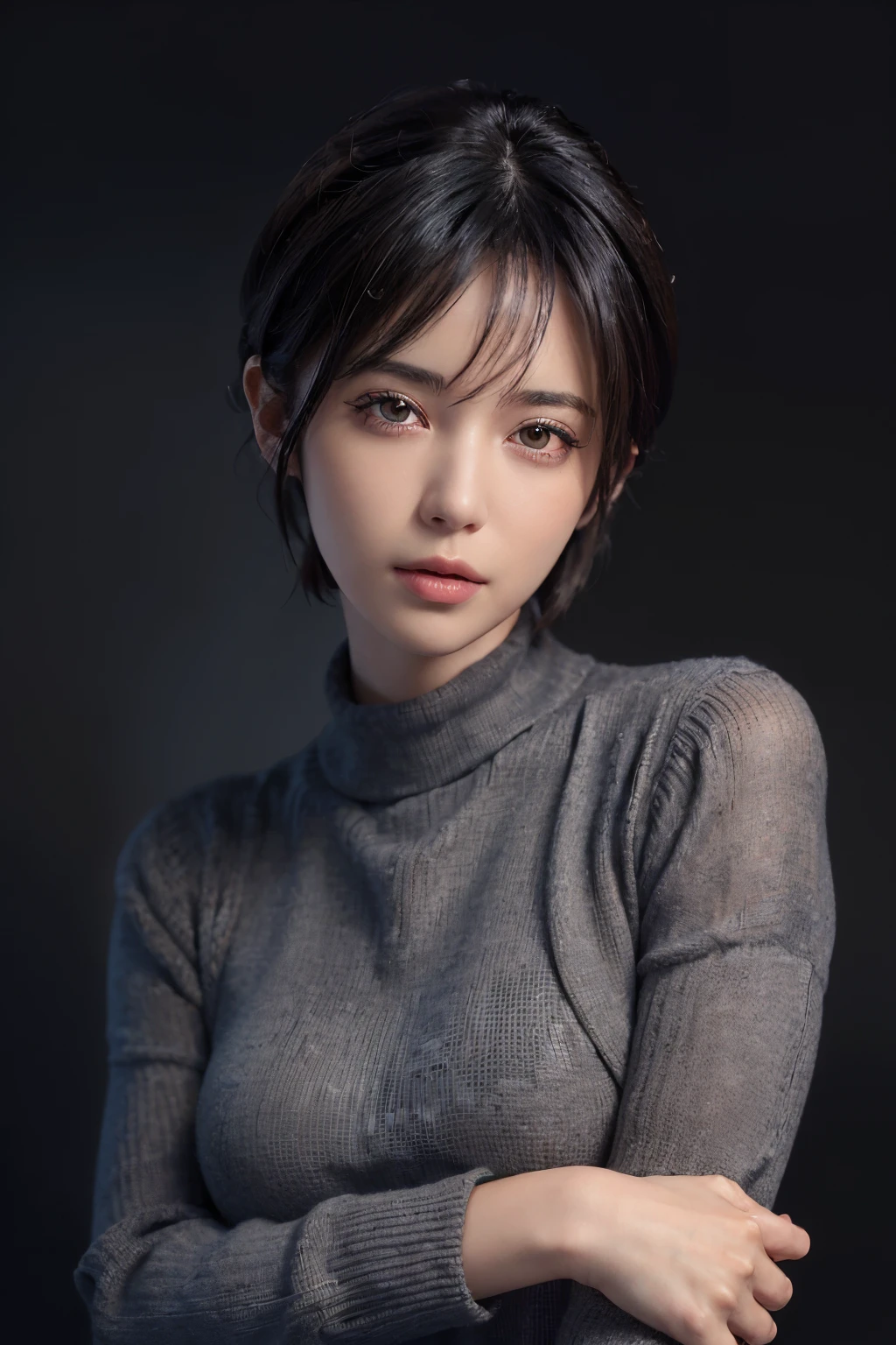 (masterpiece:1.3), (8k, photorealistic, RAW photo, best quality: 1.4), (1girl), beautiful face, (realistic face), (black hair, short hair:1.3), beautiful hairstyle, realistic eyes, beautiful detailed eyes, (realistic skin), beautiful skin, (sweater), absurdres, attractive, ultra high res, ultra realistic, highly detailed, golden ratio