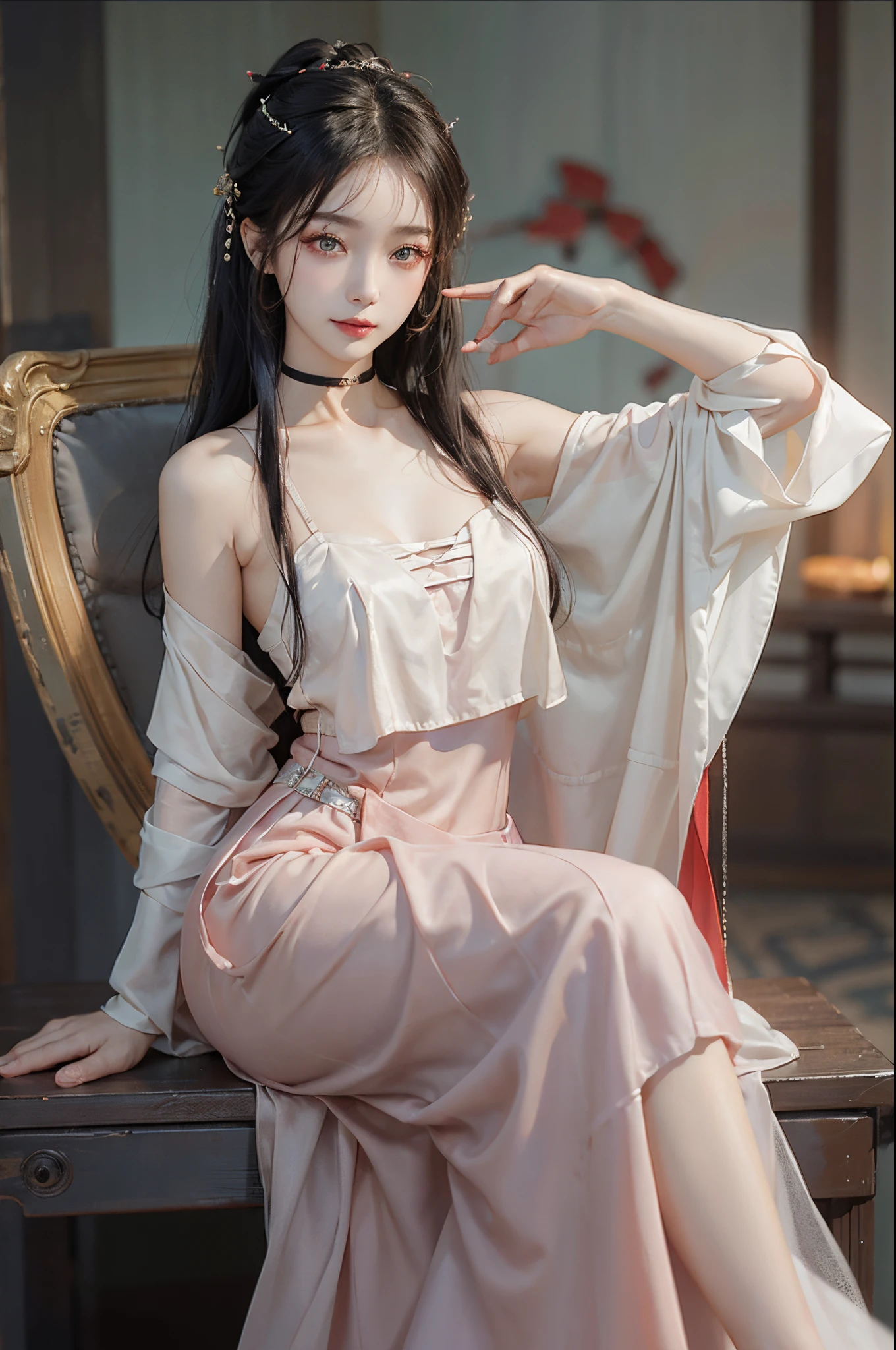 Cowboy shooting,China-style,20-year-old Asian model,Smile shyly,slim waist,Hanfu (hanfu),Delicate face,Fluorescent color long skirt,cropped shoulders, the night, a warm color palette, A pair of GGX heels,Random scenes,Random pose,Long legs crossed,Flirting skirts,Perfect curves,Shoot at night,a warm color palette,best qualtiy,耳Nipple Ring、choker necklace、Hairpins,Heavy makeup,Gorgeous eye makeup,extremely beautiful eyes