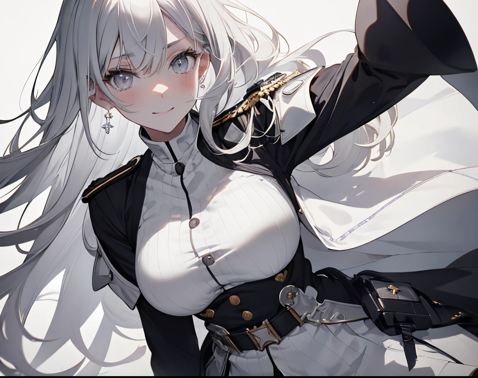 1girl, woman, solo, long hair, big hair, white hair, cat ears, (forehead:1.2), yellow eyes, medium breasts, devilish grin from below, white hair, (overcoat, black coat, open coat:1.2), white shirt, collared shirt, (chest harness, shoulder strap:1.15), black leather shorts, garter belt, gloves, ((from below)), Cute look, without smiling, elegant, looking at viewer, standing, chromatic aberration, (close-up to face:1.2), face only masterpiece, best quality, 4k