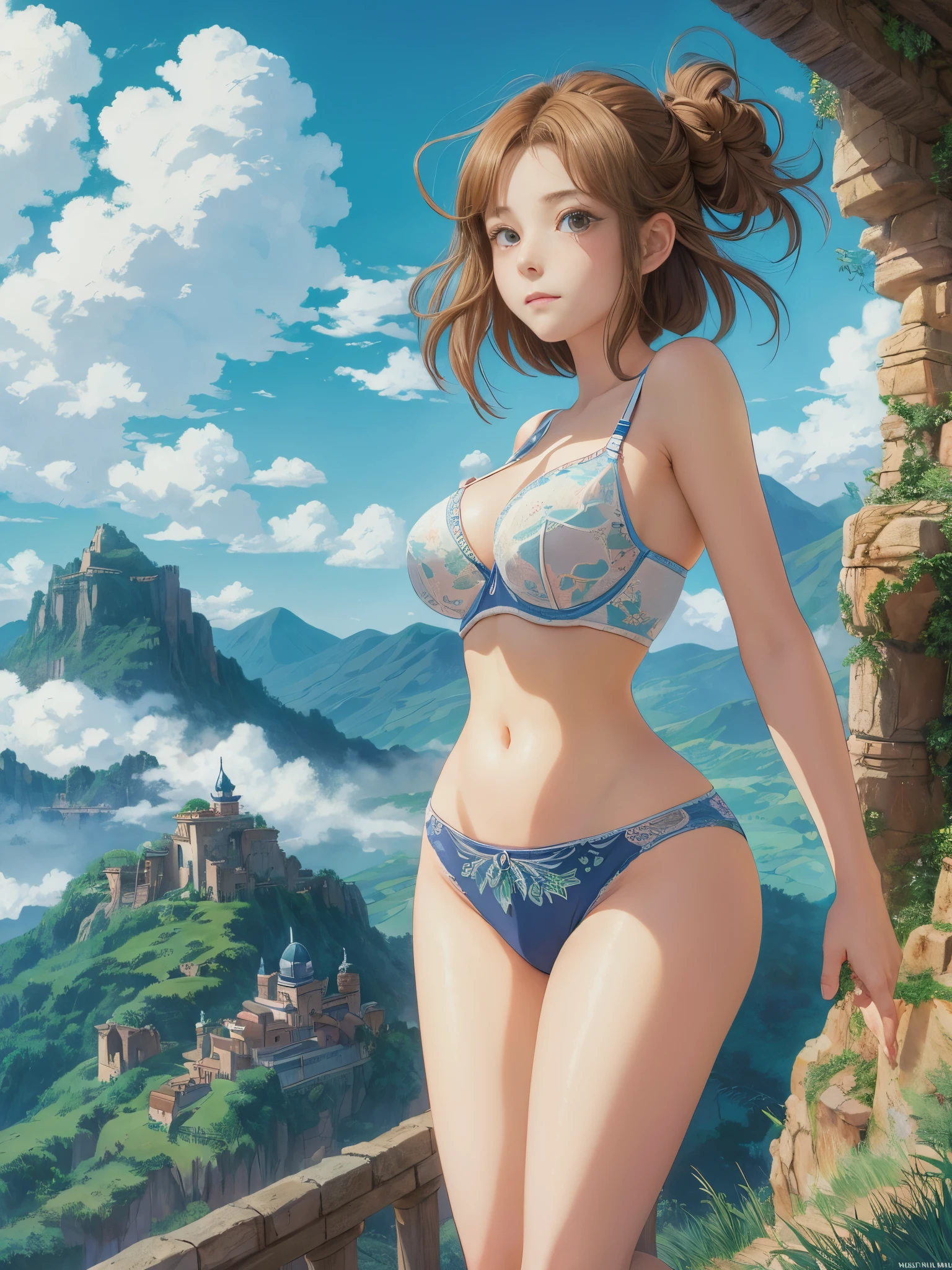 (Raw photo:1.2), (Photorealistic), Beautiful detailed girl, Very detailed eyes and face, Beautiful detailed eyes, Huge file size, High resolution, Very detailed, Best Quality, [masutepiece:1.6], Illustration, Very detailed, Fine detail, Best Quality, 8K Wallpaper, Movie Lighting, 15 year old women from the Ghibli world, Beautiful face, Ghibli scenery seen from Ghibli Mountain, A symbol of power that appears at her feet, Detailed eyes, Detailed underwear, ghibli style bra, ghibli style pants, Detailed face, Ghibli's Worldview, Beautiful eyes, Ghibli style sky