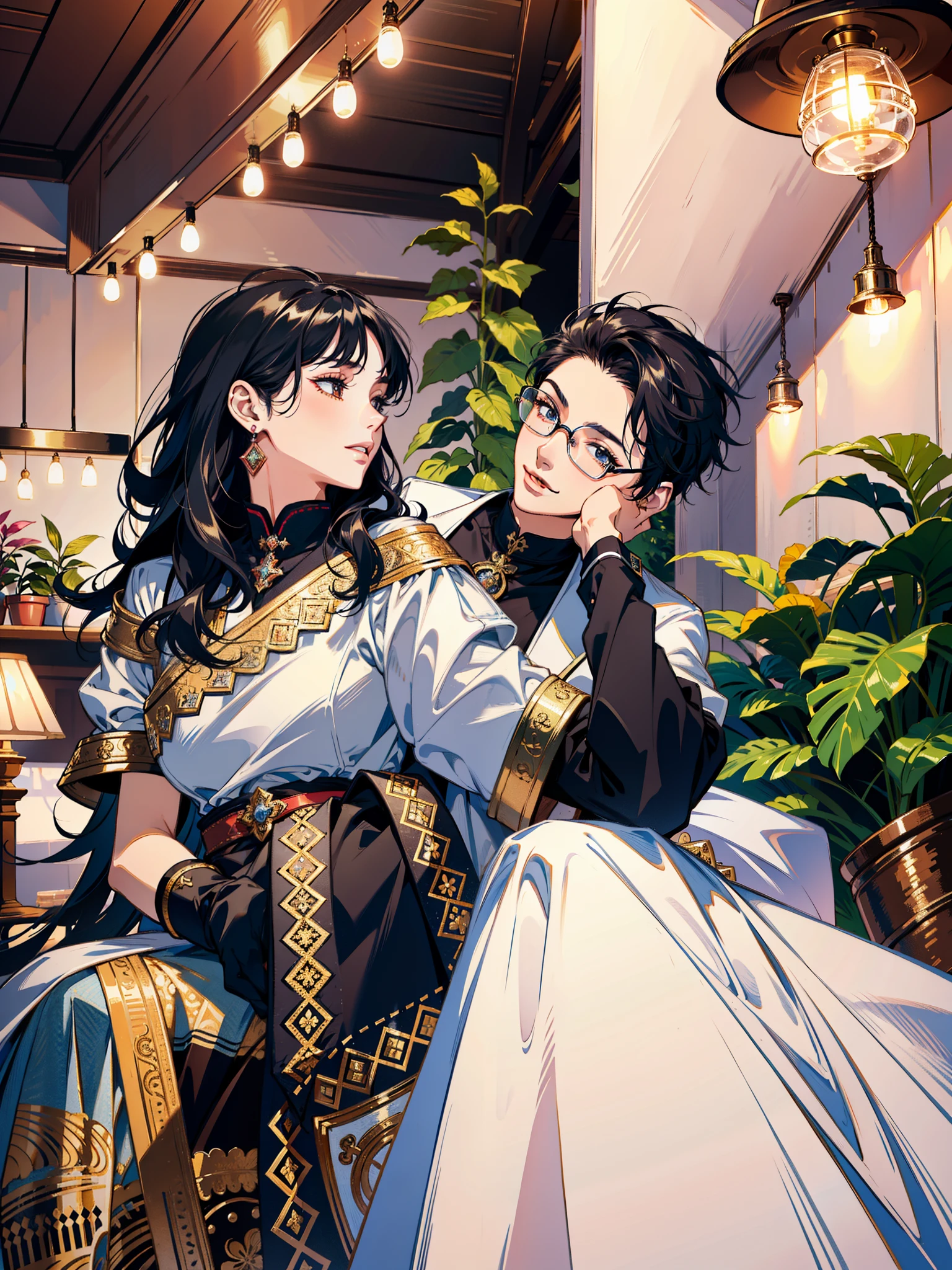 (masterpiece),(best quality:1.0), (ultra highres:1.0), detailed illustration, 8k, anime couple, Genshin Impact, girl on left, beautiful girl, intricate details, black eyes, detailed eyes, black hair, detailed hair detailed, highlights on hair, smile, boy on right, glasses, handsome masculine young boy, stylish hair, anime style, best quality, detailed, both smiling