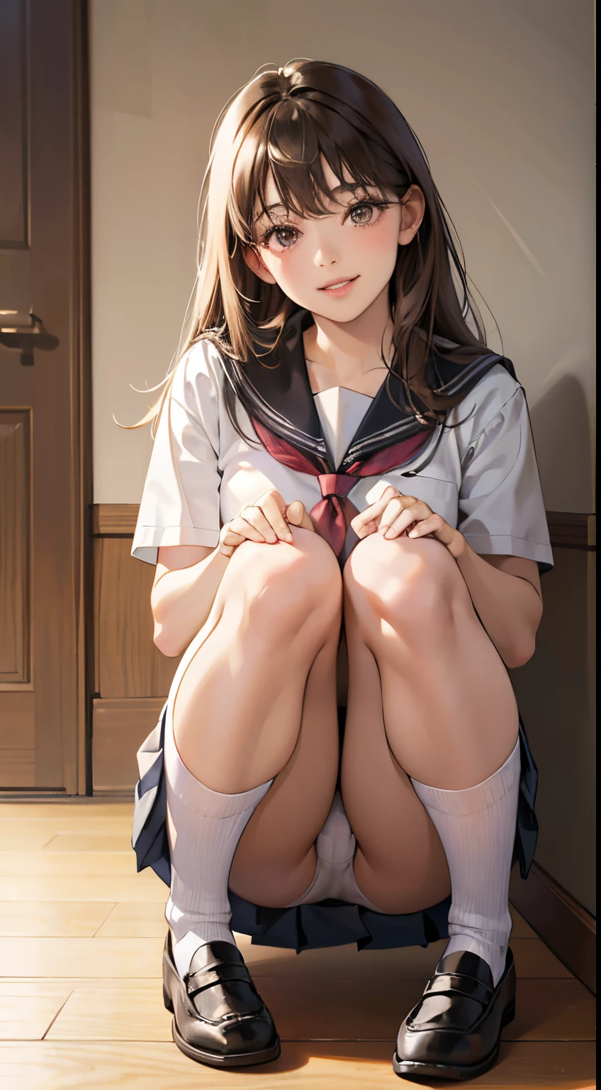 realistic, lip gloss, realistic, best quality, super high resolution, depth, pastel colors, natural shadows, focus on face, just face, looking at the viewer, long hair, brunette hair, brown and detailed eyes, (masterpiece, best quality), 1 girl, solo, from front,
(shut up), smile, parted lips,
Shiny skin, thick thighs, white panties,
School uniform, serrap, pleated skirt, loafers, black socks, crouching, indoors, looking at the audience, anatomically correct
