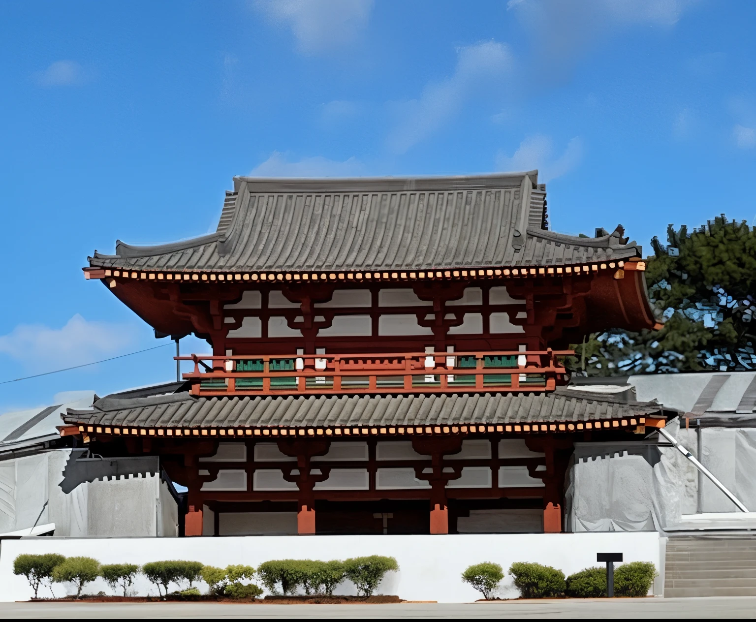 (masterpiece), (high quality), best quality, real, (realistic), super detailed, (full detail), (4k), 8k, no humans, scenery, building, architecture, temple gate, rainy, sky, east asian architecture, outdoors, day, tree