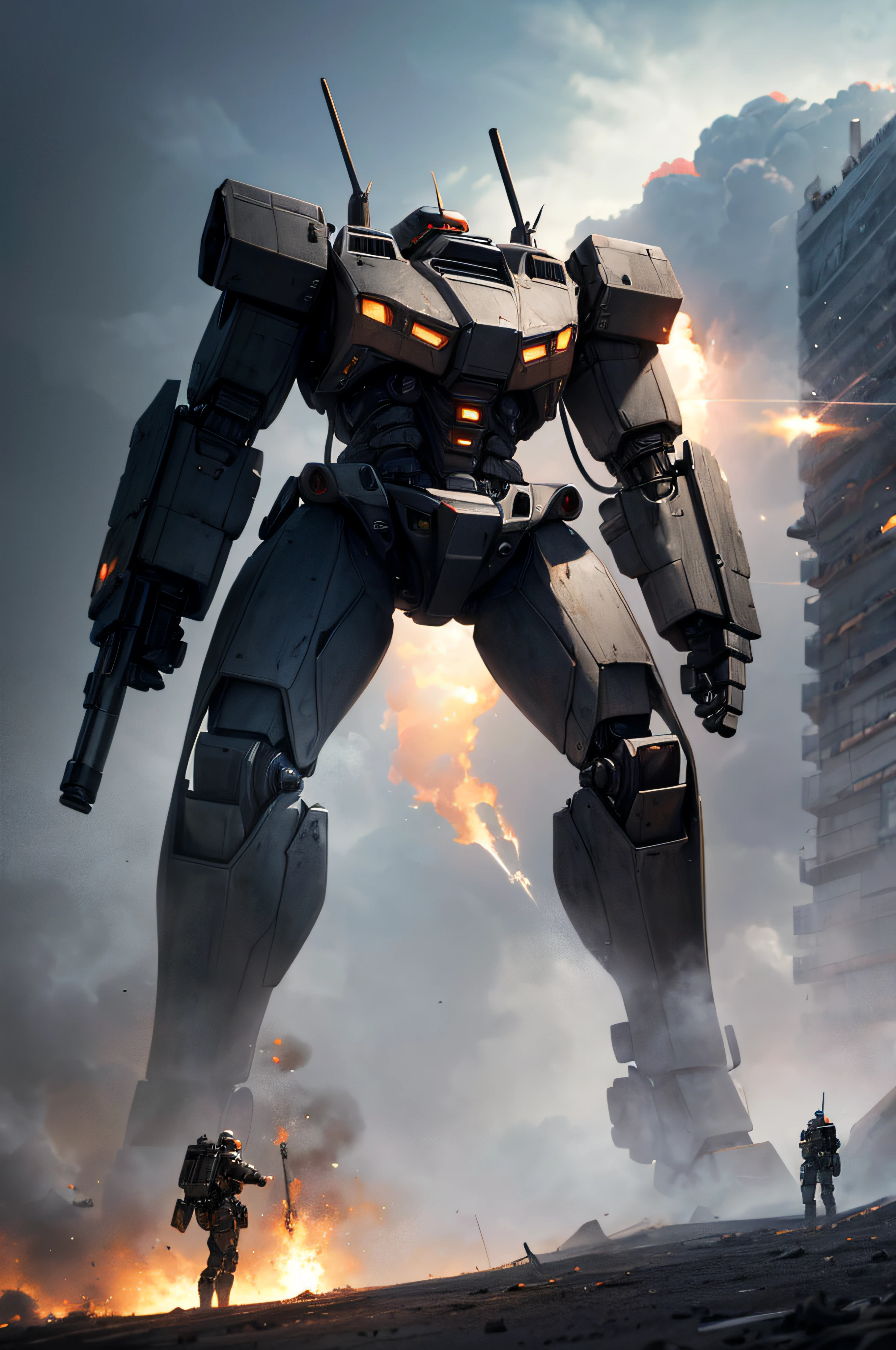 cinematic photo cinematic photo A huge 100ft tall big bulky Thick armored Grey future Robot mech ,((raising its  guns weapons to point and to fire at the viewer)) , ((explosions and Shrapnel and mud and debis flying around the image)) and making many small holes in the robot standing in a muddy futuristic battlefield, (Reflections in muddy puddles:0.3)  on the battlefield, ((white smoke drifts across the image)), , with a small human figure at its feet, battlemech, mech, ((8k, RAW photo, highest quality, realistic:2, masterpiece, ultra high resolution, CG 8K wallpapers)), physics-based rendering, centered full body mecha armor , BokehMecha, on  dark cloudy rainy day. . 35mm photograph, film, bokeh, professional, 4k, highly detailed . 35mm photograph, film, bokeh, professional, 4k, highly detailedNegative prompt: drawing, painting, crayon, sketch, graphite, impressionist, noisy, blurry, soft, deformed, ugly, drawing, painting, crayon, sketch, graphite, impressionist, noisy, blurry, soft