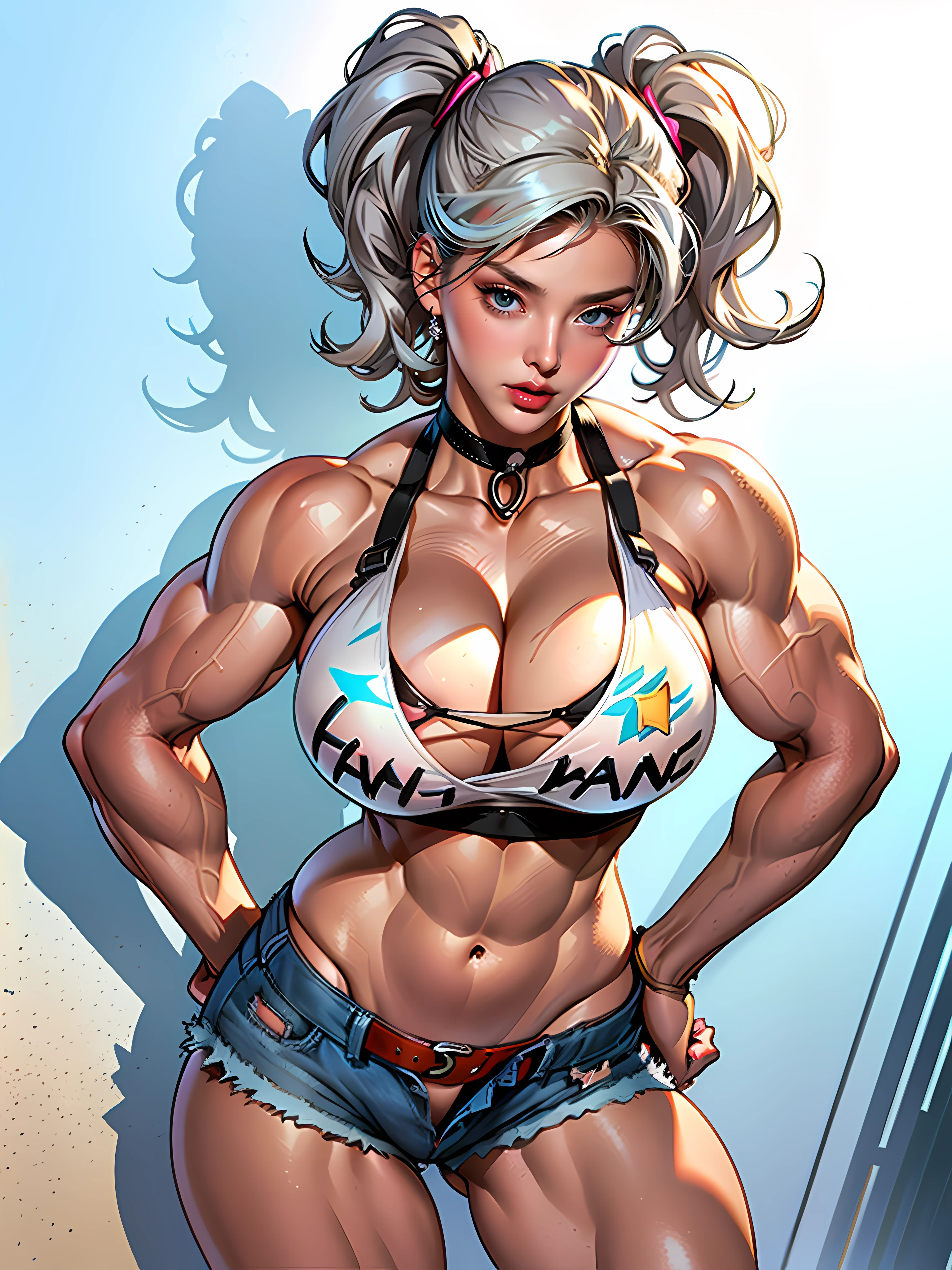 (high quality, best rendering), (beautiful girl), blue eyes, gray hair(bombshell, pin-up style), psychopath, crazy face, sexy pose, jean short shorts, tank top, pastel, centered, scale to fit dimensions, micro thong, micro bikini, camel toe, (((huge muscles)))