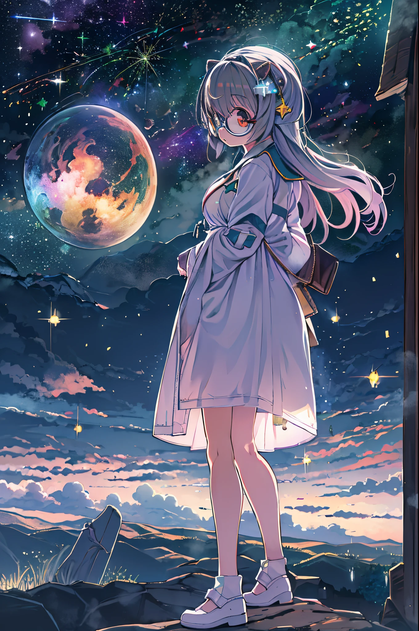 Anime girl wearing white glass , Stand on the land,Night view ,Lots of stars in the night sky,milkyway ,Anime style, 32K UHD, Beautiful, Color Cartoon - AR 3:4 --、eye glasses