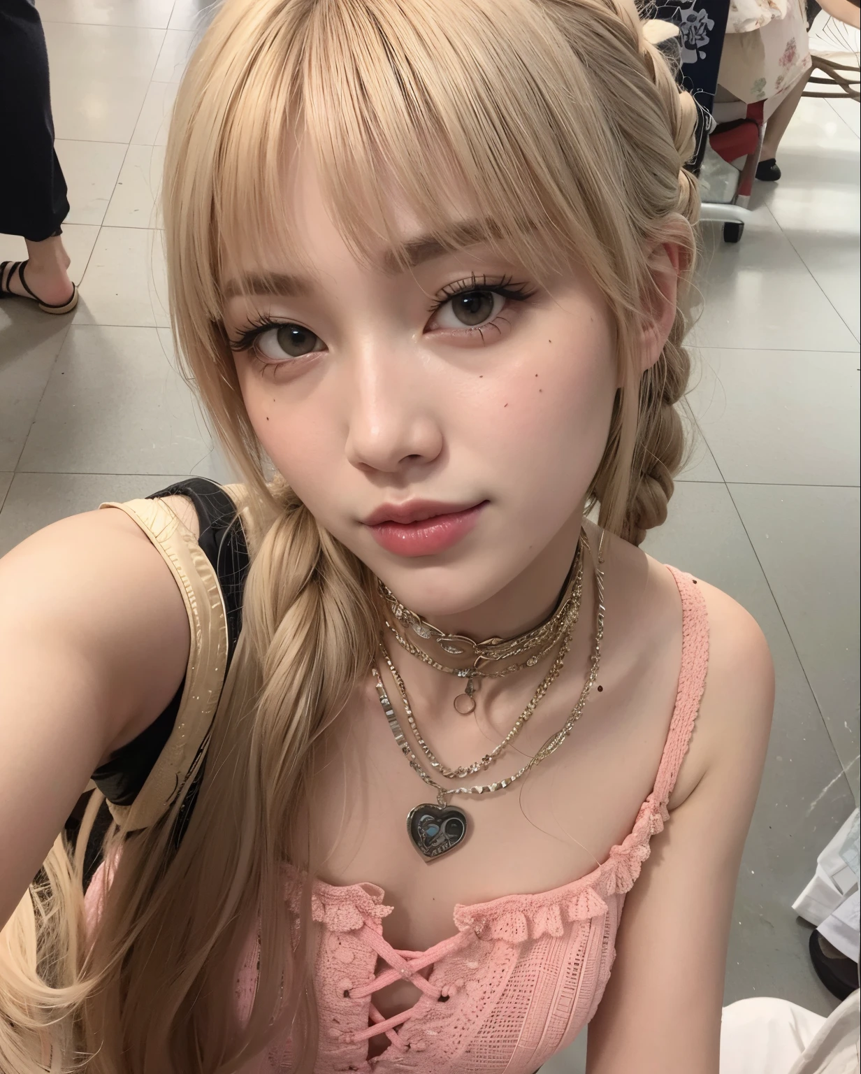 um close de uma mulher com cabelos longos e uma blusa rosa, lalisa manobal, Lalisa Manoban do Blackpink, parque roseanne de blackpink, Ulzzang, 8K selfie photograph, adorable and pale korean face, jossi do blackpink, portrait of jossi do blackpink, ela tem um rosto fofo, garota de anime na vida real, 8K))