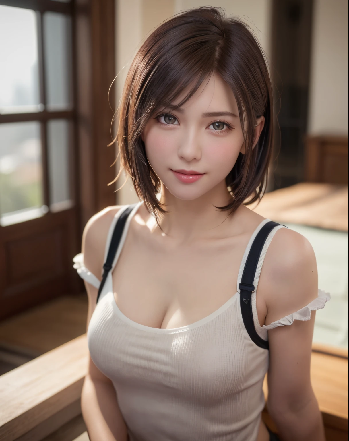 Best Quality, Ultra High Resolution, (Photorealistic: 1.4), Beautiful Eyes, Super Beautiful, Very Short Hair, Beautiful, Sweetheart, T-shirt with Rough Chest, Beautiful Soldier, Eyes That Invite Viewer, Lover's Perspective, Inviting Expression, Sexy Smile, Perfect Style, Perfect Balance, Detailed Skin, Naughty Gaze, Chest Visible