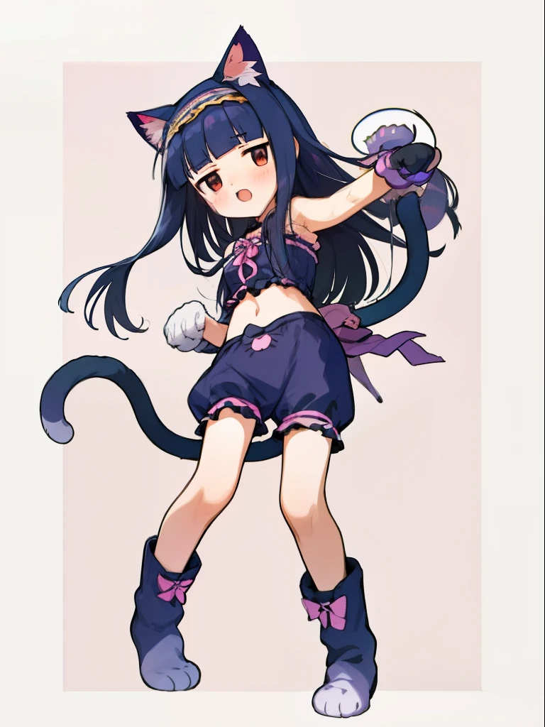 yukimi, 10 yo., long hair, blunt bangs, flat chest, expressionless, shy, (cat lingerie, cutout), standing paw pose, (cat head band, cat tail, cat arm, cat boots:1.2), (from avobe), best quality, open mouth,