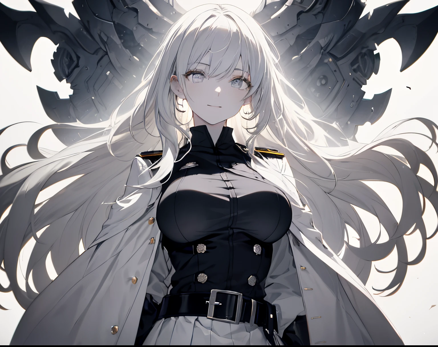 【Highest Quality, masutepiece】 [girl, expressioness, pale gray eyes, front facing, pale gray hair, Upper body] (Gray white background:1.7), Full body、White one-piece military uniform、 Pale white head of hair,(masutepiece:1.2, Best Quality), (finely detailed beautiful eye: 1.2), (beautifull detailed face), High contrast, (Best Illumination, extremely delicate and beautiful), ((Cinematic Light)), Colorful, Hyper Detail, Dramatic light, Intricate details, Shining eyes, long hair flowing with the wind、large full breasts、Belt under boobs、White military uniform, White skirt, pale gray hair, A smile