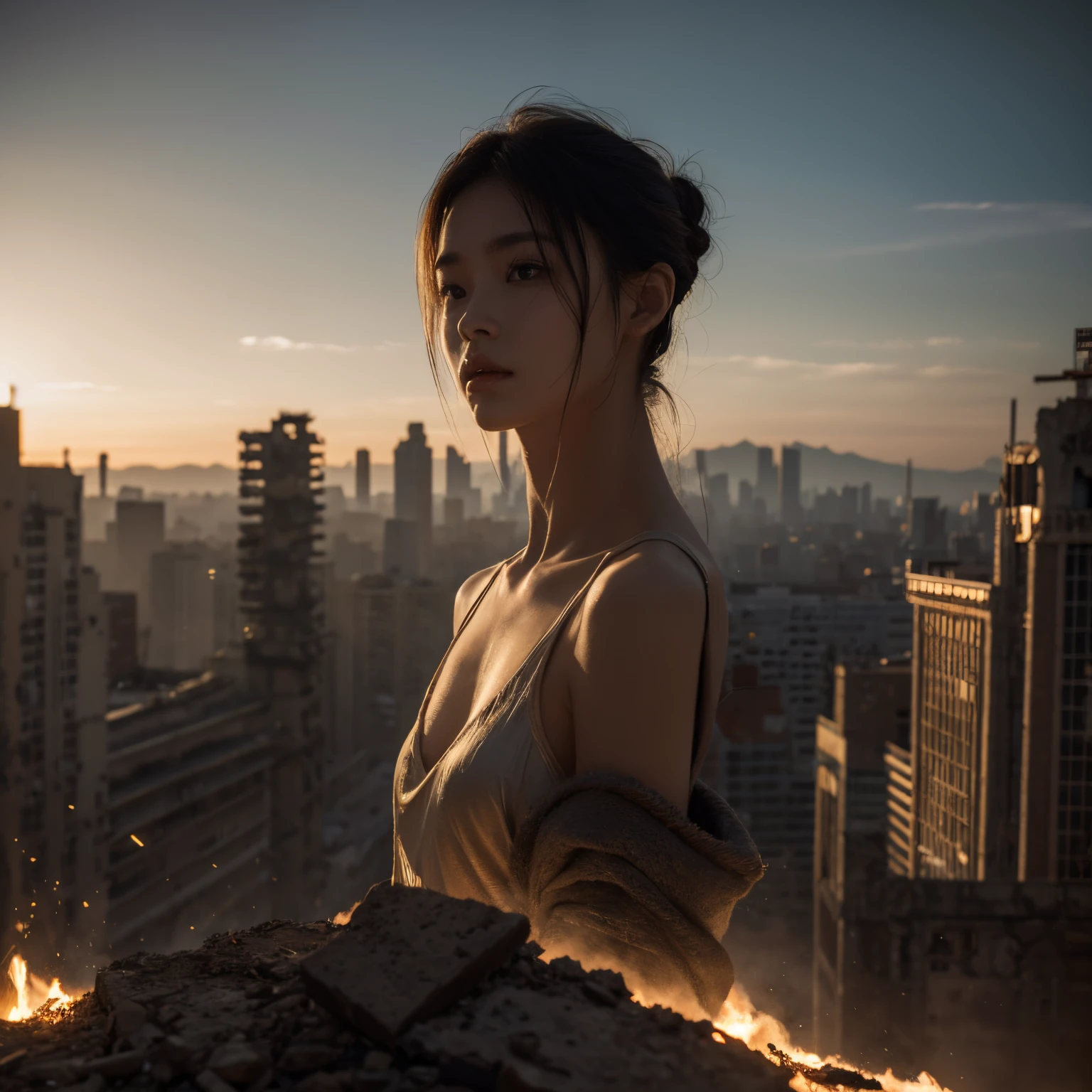 Apocalyptic ruins, Part of a huge classical sculpture, from above, sunlights, Future Style, (Realistic details: 1.2),(Background bokeh),(finedetail),(Cinematic lighting),(Clear focus),Incredible dreamscape,(It can't be: 1.2),(Panoramic view:1.2),atmospheric distance sense,strong natural,postapocalypse,close focus,real miracle,(Very small human beings contrasting with the scene)