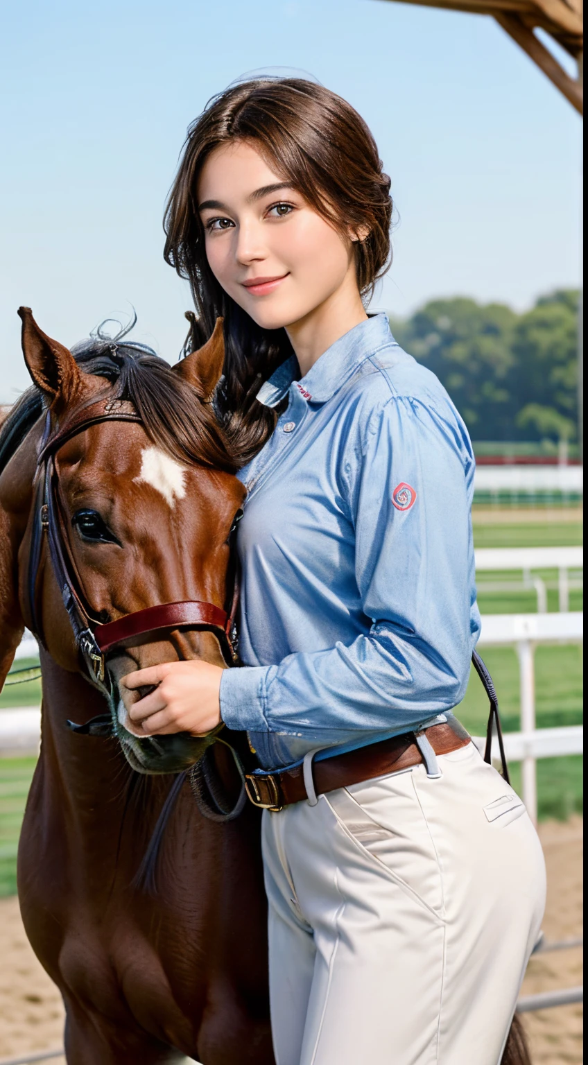 99
(a 20 yo woman,is standing), (A hyper-realistic), (high-level image quality), ((beautiful hairstyle 46)), (Gentle smile), (Keep your mouth shut), (Riding a horse), (ride horse、horse racing、Equestrian competitions)
