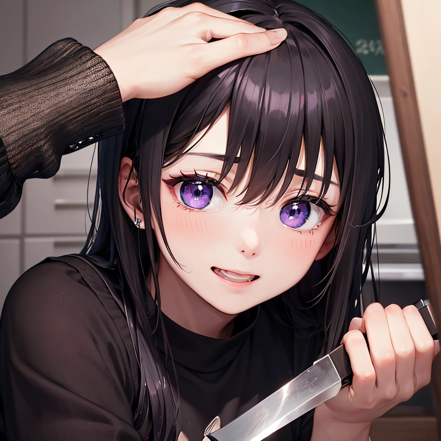 {pupils on}、{Young boys}、Hollow eyes、Crazy smile、{student clothes}、Looking here、I have a kitchen knife、I'm about to cry、{One guy}、manly、man、accurate depiction、high-level image quality、{Inside the dark night room}、［female pervert］、［Unnatural hands］、{black bobby hair}、{Beautiful purple eyes}、{murky}、［with light glowing］、