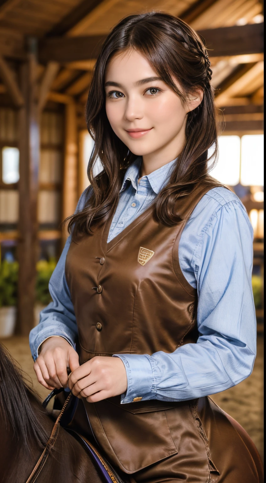 99
(a 20 yo woman,is standing), (A hyper-realistic), (high-level image quality), ((beautiful hairstyle 46)), (Gentle smile), (Keep your mouth shut), (Riding a horse), (ride horse、horse racing、Equestrian competitions)