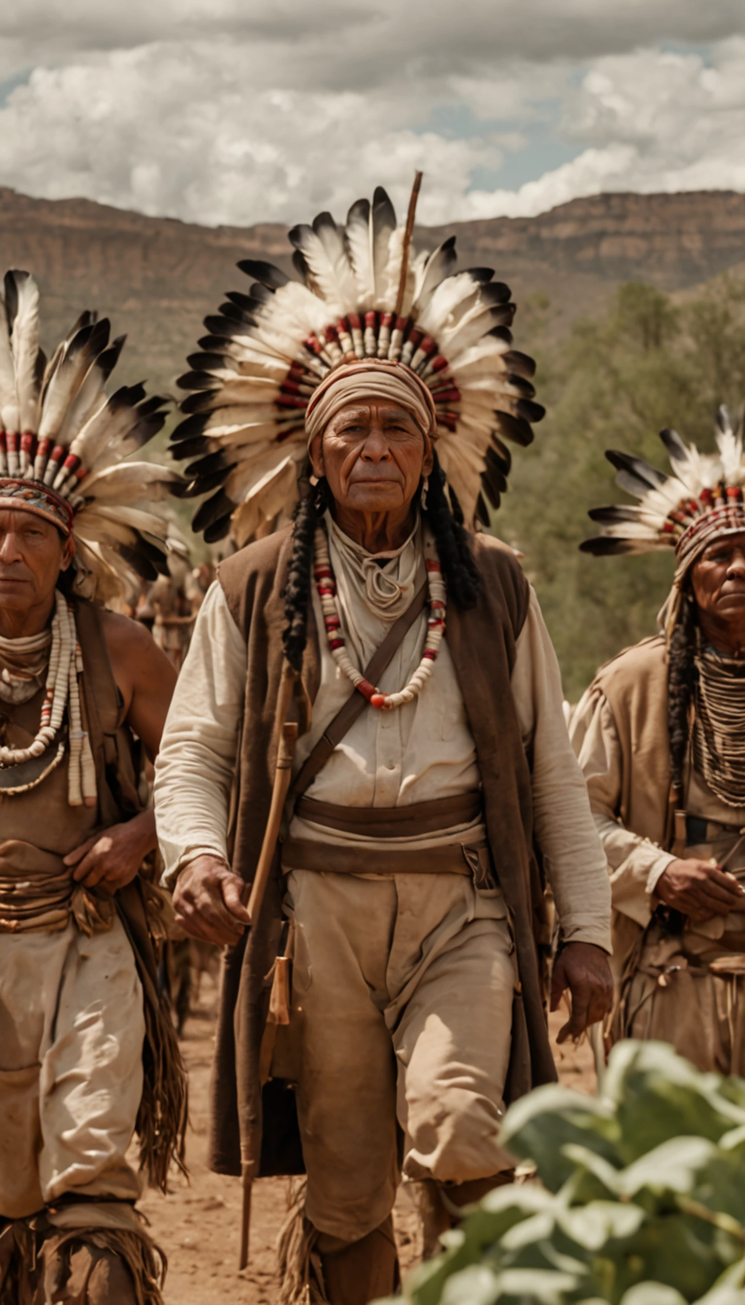 a group of Hopi tribesmen are making dolls in front of a tent, the facial anatomy is neat and appropriate, the main scene of the film, the work of Joseph Severn, symmetrical artwork. cinematic, colonial, film characters, official art, character reveal, film promo, ( (theatre) ), seven, character portraits, alexander hamilton style, live action film, 8 k