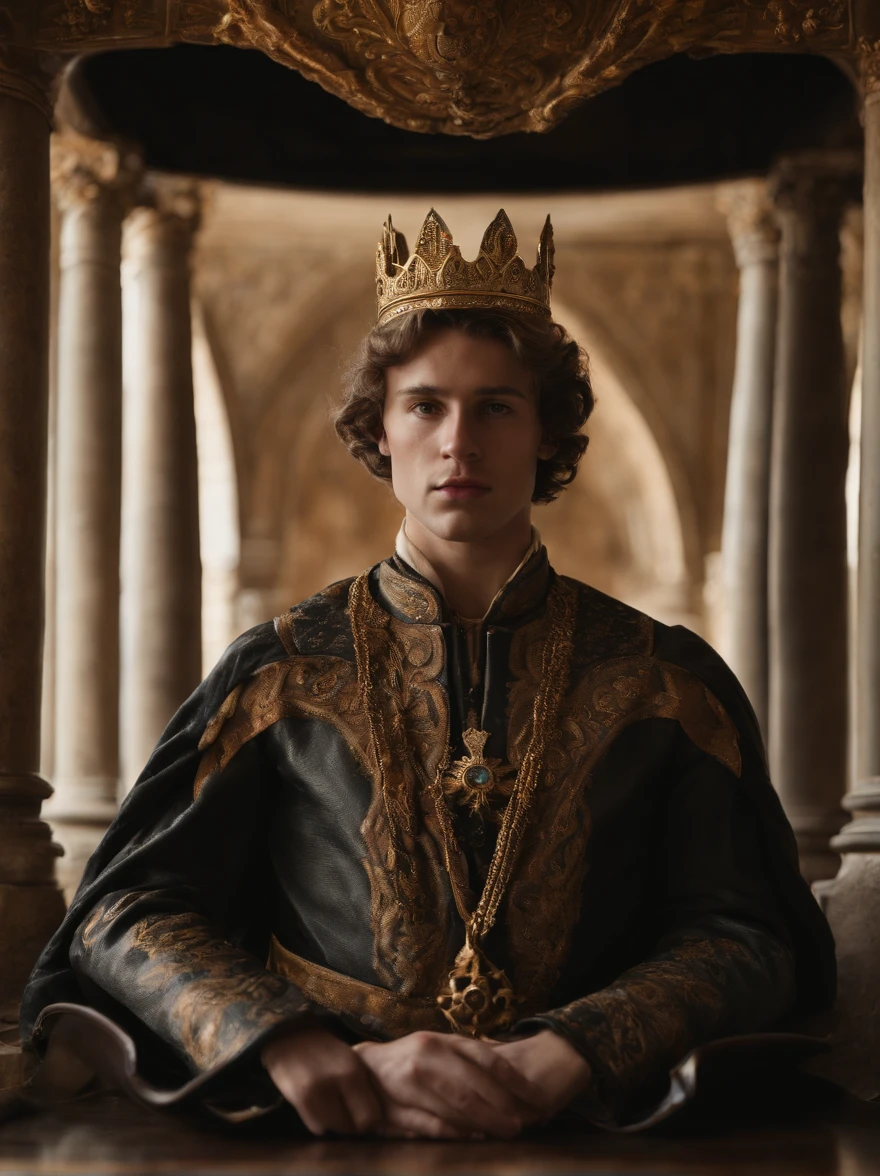 a spoiled young ivan Quaid is king of House Lannister and is sitting on the throne with a crown on his head and a necklace with a crown on her head of arms of his house of Game of Thornes Captured with a Nikon D6 and a Nikkor Z 85mm f/1.8 S lens, the focus is on the subject's face, while the background is left intentionally blurry. Employ chiaroscuro lighting techniques to create depth, and use color grading to mimic the warm, earthy tones of Renaissance-era paintings --ar 2:3 00 --v 5.2 --q 2 --style raw --s 2
