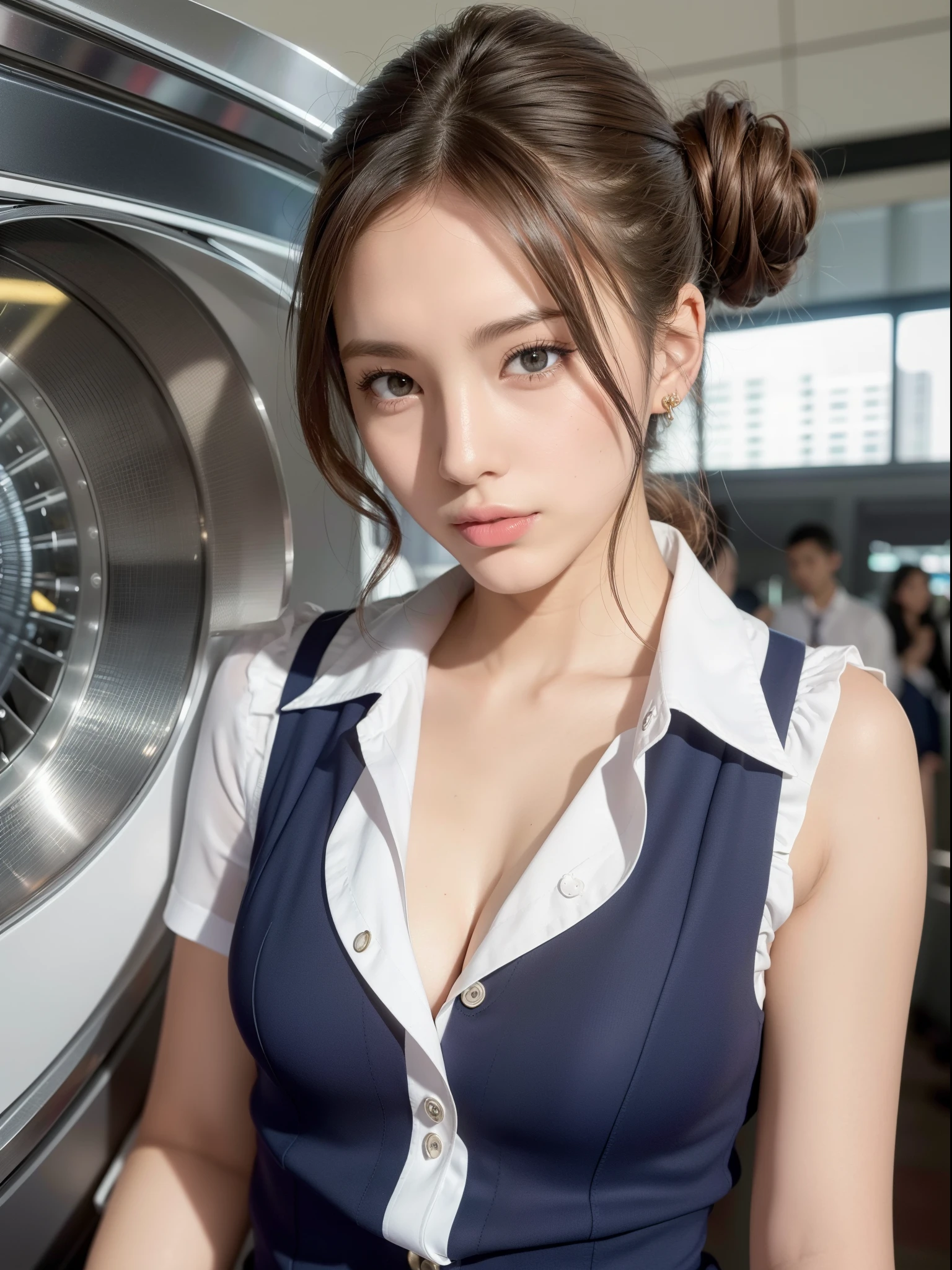 ((of the highest quality, 8K, masutepiece: 1.3, Raw photo)), Sharp Focus: 1.2, (1 AESPA Girl :1.1), (Solo: 1.1), (Realistic, Photorealistic: 1.37), (Face Focus: 1.1), Cute face, hyperdetailed face, (short messy hair: 1.2), (updo: 1.3), small breasts, flat chest, thigh, Beautiful flight attendant at airport, Super beautiful, perfect bodies, Meticulous beautiful flight attendant outfit,
