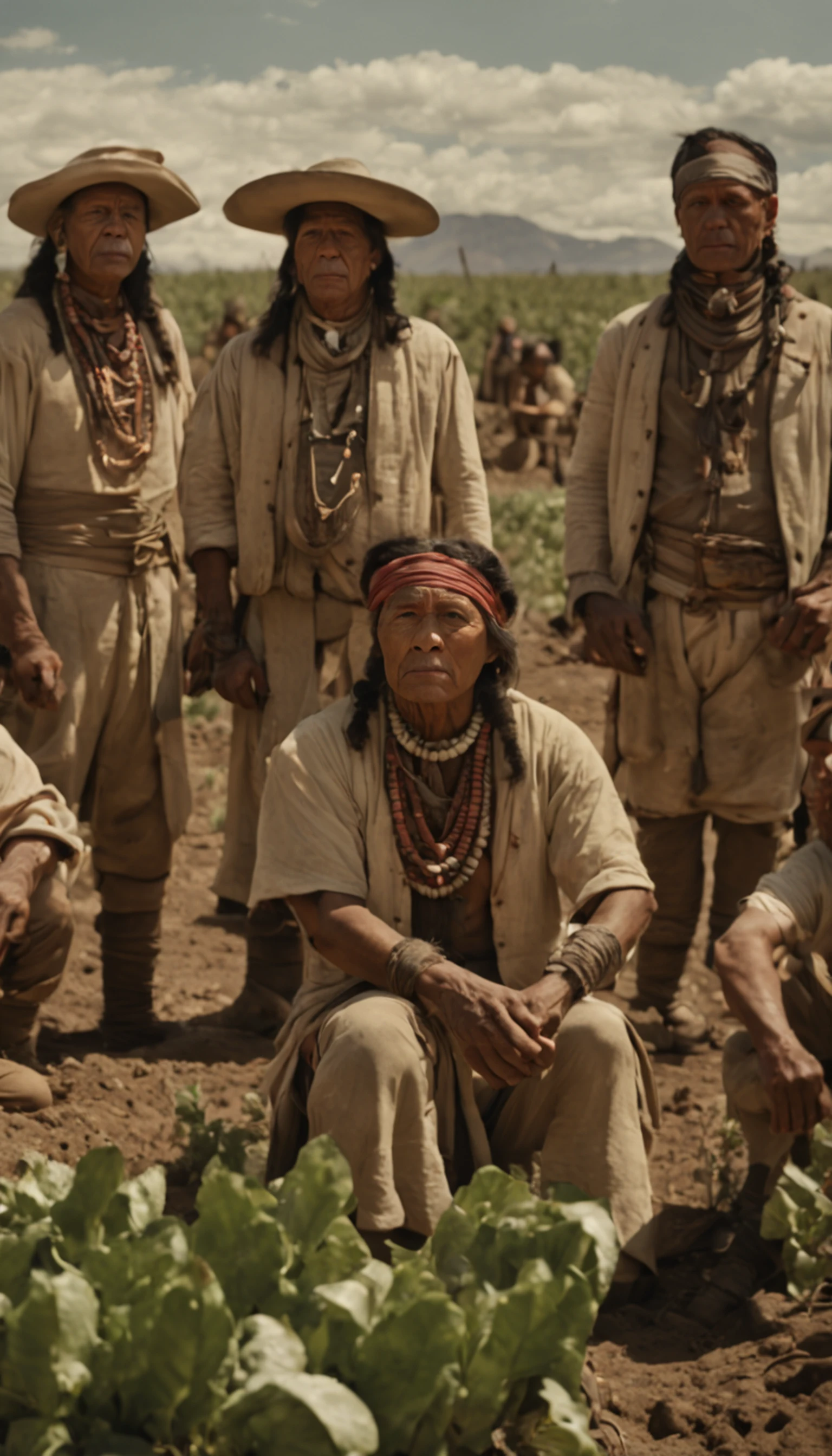 a group of Hopi tribesmen are making dolls in front of a tent, the facial anatomy is neat and appropriate, the main scene of the film, the work of Joseph Severn, symmetrical artwork. cinematic, colonial, film characters, official art, character reveal, film promo, ( (theatre) ), seven, character portraits, alexander hamilton style, live action film, 8 k