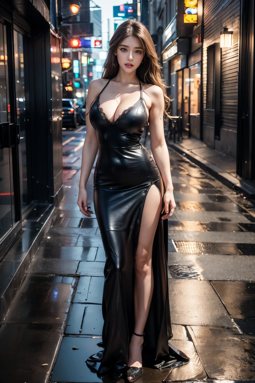 full body photo of a 25 years old european girl, (((standing on street))) RAW, beautiful woman, (extra long wavy brown hair), ((portrait)), ((detailed face:1.2)), ((detailed facial features)), (finely detailed skin), pale skin, (high detailed deep cleavage cyberpunk steel dress), cyberpunk megacity environment, (cold colors), damp, moist, reflections, (masterpiece) (perfect proportion)(realistic photo)(best quality) (detailed) photographed on a Canon EOS R5, 50mm lens, F/2.8, HDR, (8k) (wallpaper) (cinematic lighting) (dramatic lighting) (sharp focus) (intricate)