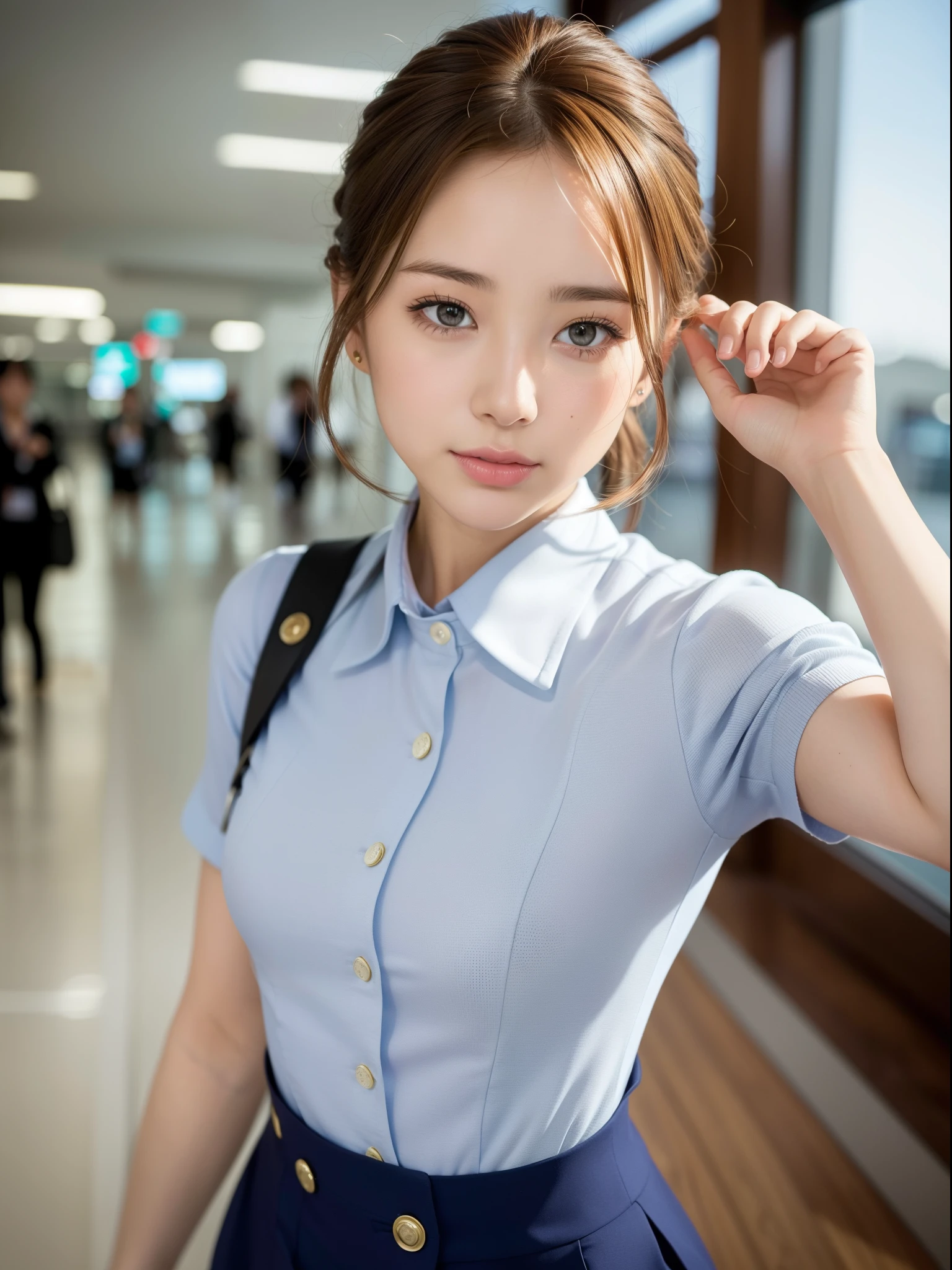((of the highest quality, 8K, masutepiece: 1.3, Raw photo)), Sharp Focus: 1.2, (1 AESPA Girl :1.1), (Solo: 1.1), (Realistic, Photorealistic: 1.37), (Face Focus: 1.1), Cute face, hyperdetailed face, (short messy hair: 1.2), (updo: 1.3), small breasts, flat chest, thigh, Beautiful flight attendant at airport, Super beautiful, perfect bodies, Meticulous beautiful flight attendant outfit,