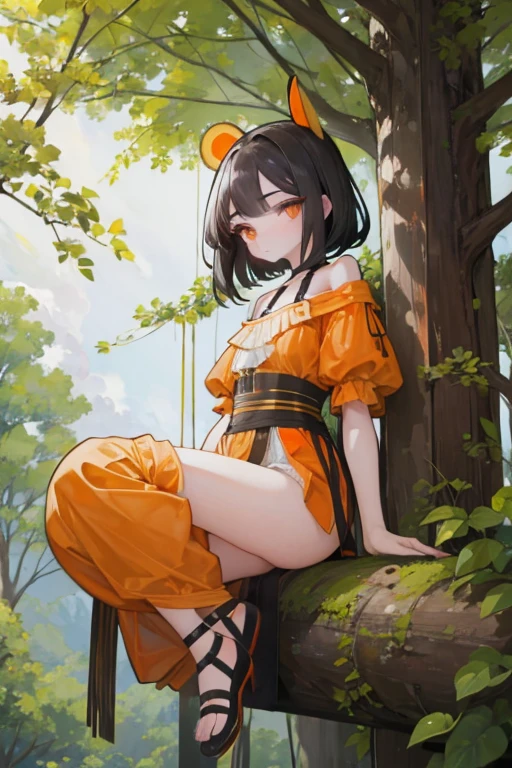 a ite black haired goddess with orange eyes is sitting on a branch outside.