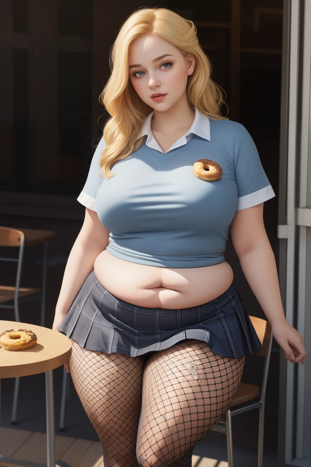 masterpiece, (photorealistic), (8k wallpaper) , (best quality), perfect quality, solo, (detailed eyes:0.9), girl, eating donut, very beautiful face, plump face, cute face, young, cutie, full figure, curvy, chubby, fat rolls, belly rolls, very soft, deep navel, sexy, sexy pose, tight shirt, tight plaid miniskirt, tight school uniform, ripped tights, fishnet, fat thighs, muffin top, love handles, blonde hair