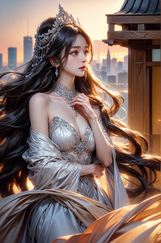 She stands gracefully in front of the city skyline, Her figure is outlined in the sunset. Double exposure effect creates an ethereal atmosphere, Blending cityscapes with the delicate beauty of nature. The background consists of tall skyscrapers, The golden glow reflecting the setting sun. She is in the limelight, Her white gold gown shimmered against the warm tones of the sky. The intricate details of her dress accentuated her fair complexion, Adds a touch of elegance to the overall composition. When her long hair flutters gently in the wind, Her eyes exude mystery and confidence, Grab your audience's attention. High-quality images show the perfect balance of sharpness and softness, Ultra-fine painting techniques emphasize every intricate detail. Photorealistic renderings bring her presence to life, As if about to step out of the work of art，Step into reality. The colors used in this artwork are vivid and lively, Amplify the beauty of a scene and create a sense of awe. The lighting has been carefully adjusted，Create a harmonious blend of natural and artificial light, Allows shadows and highlights to enhance image depth and dimension.