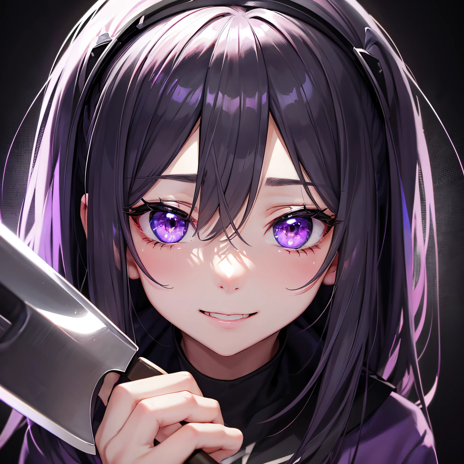 {pupils on}、{Young boys}、Hollow eyes、Crazy smile、{student clothes}、Looking here、I have a kitchen knife、I'm about to cry、{One guy}、manly、man、accurate depiction、high-level image quality、{Inside the dark night room}、、、{Black hair}、{Beautiful purple eyes}、{murky}、［with light glowing］、{One guy}