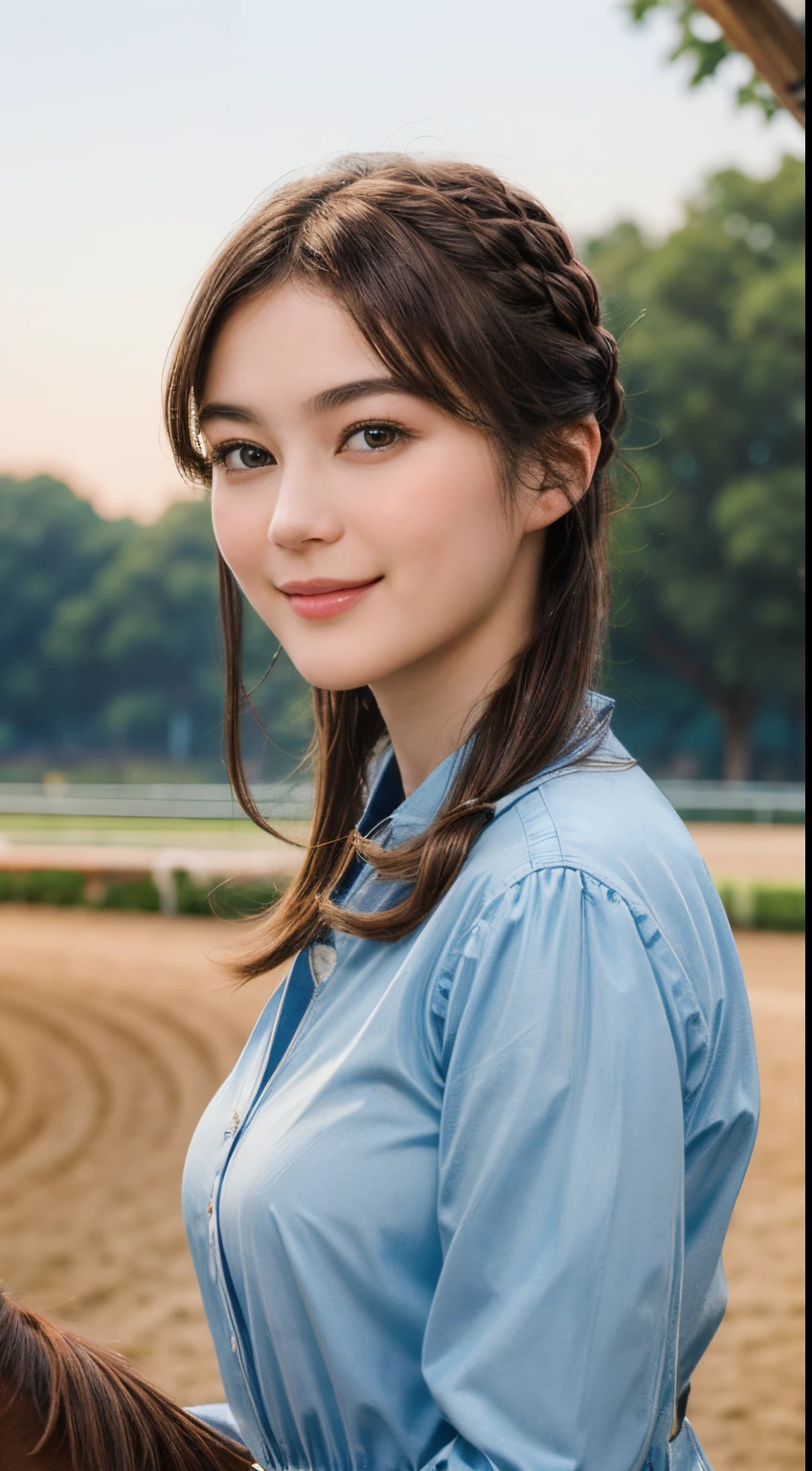 99
(a 20 yo woman,is standing), (A hyper-realistic), (high-level image quality), ((beautiful hairstyle 46)), (Gentle smile), (Keep your mouth shut), (Riding a horse), (ride horse、horse racing、Equestrian competitions)