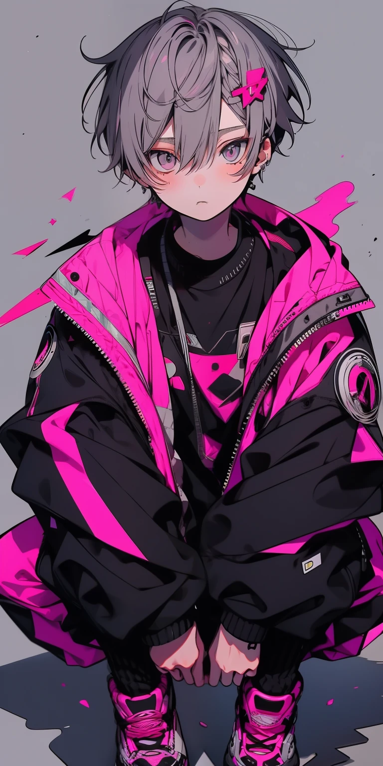 1 boy, (grey) hair, pink black jacket, sit pose, rizz face,