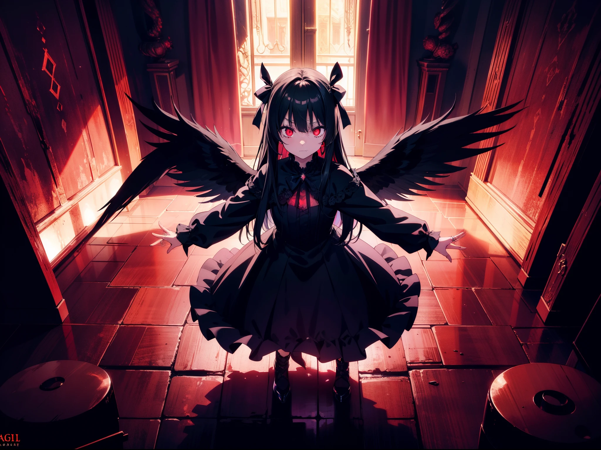 1 loli girl , standing, black angel wing, red angel rings, (spread arms) ,((dark lighting)) ,full body , concept art, fantasy art, cinematic lighting , cinematic angle , (rape face) ,black long straight hair, black hair, hair ribbon , red eyes,black dress, (glowing eyes), (((horror))) ,(background Torture room),((masterpiece)), ((best quality)), ((ultra-detailed)), (illustration), ((an extremely delicate and beautiful))