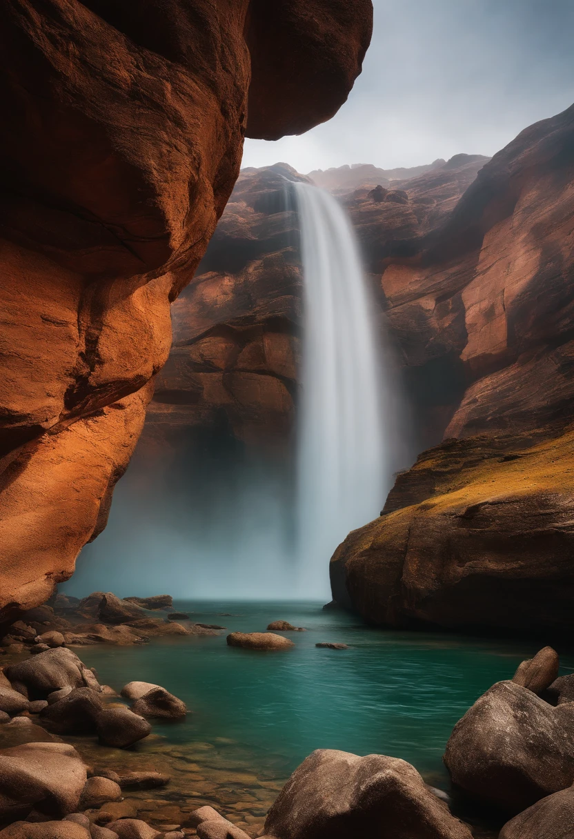 Uma mulher ruiva, branca , olhos verdes , nua com seios para fora, spilled bed over bare breasts fingers over vagina waterfall scenery