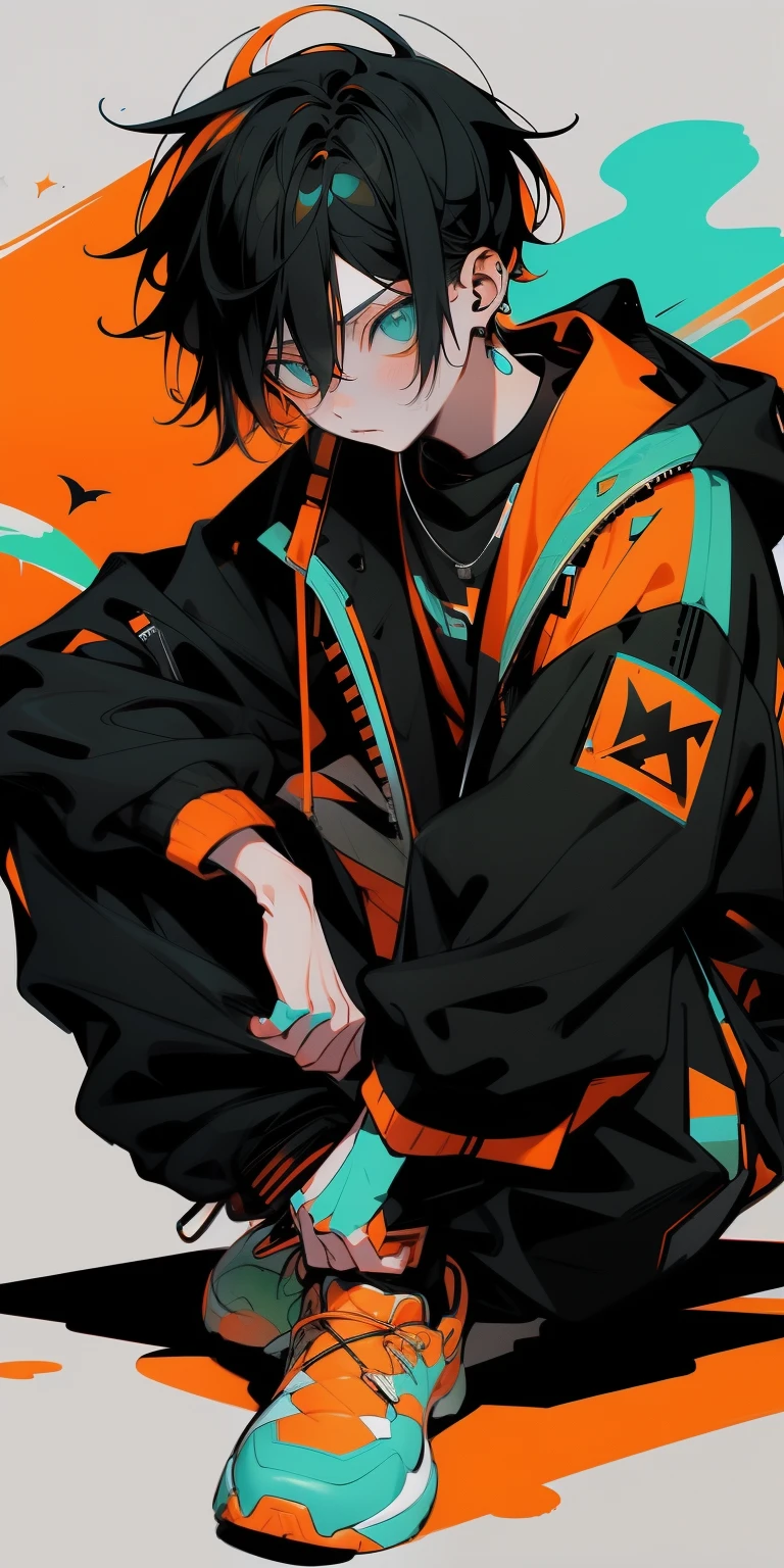 1 boy, (orange) hair, teal black jacket, sit pose, rizz face, orange and teal colour combination