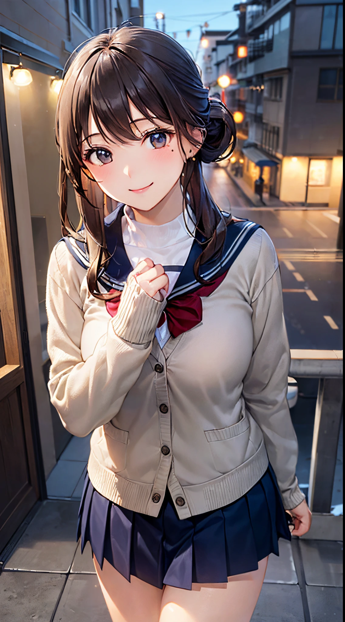 ((((, , perfect anatomy, super detailed skin)))), 1 girl, japanese, 14 years old, shiny skin, large breasts:0.5, watching the view, (smile:1.5),
beautiful hair, beautiful face, beautiful detailed eyes, (middle hair:1.7, harf updo:1.5),
beautiful clavicle, beautiful body, beautiful chest, beautiful thigh, beautiful legs, babyface, , breast, mole under eye,
((navy school uniform, long sleeves, navy pleated skirt, sailor collar, light brown cardigan, gray jacket, muffler, mitten, extremely sexy, seductive thighs)), white panties,
(beautiful scenery), winter, evening, hokkaido, sapporo, outdoors, snow, snowfall, walking, hands between legs,
(8k, top-quality, masterpiece:1.2, extremely detailed, , ), (photorealistic), beautiful illustration, cinematic lighting,