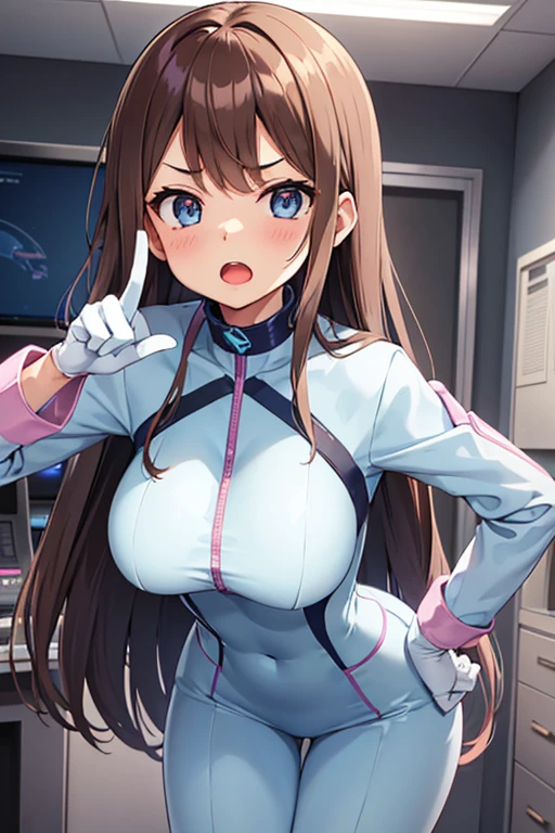 (leaning forward, 1 girl, looking at viewer, from front, facing straight at viewer, angry, index finger pointing, hand on hips, pink and light blue clothes, futuristic space suit, inside Laboratory room), upper body, shiny slim fit simple suit, shiny slim fit pencil skirt, white gloves, high neck clothes, hide the neck, drooping eyes, head tilt, masterpiece, best quality, an extremely cute girl, brown hair, open mouth