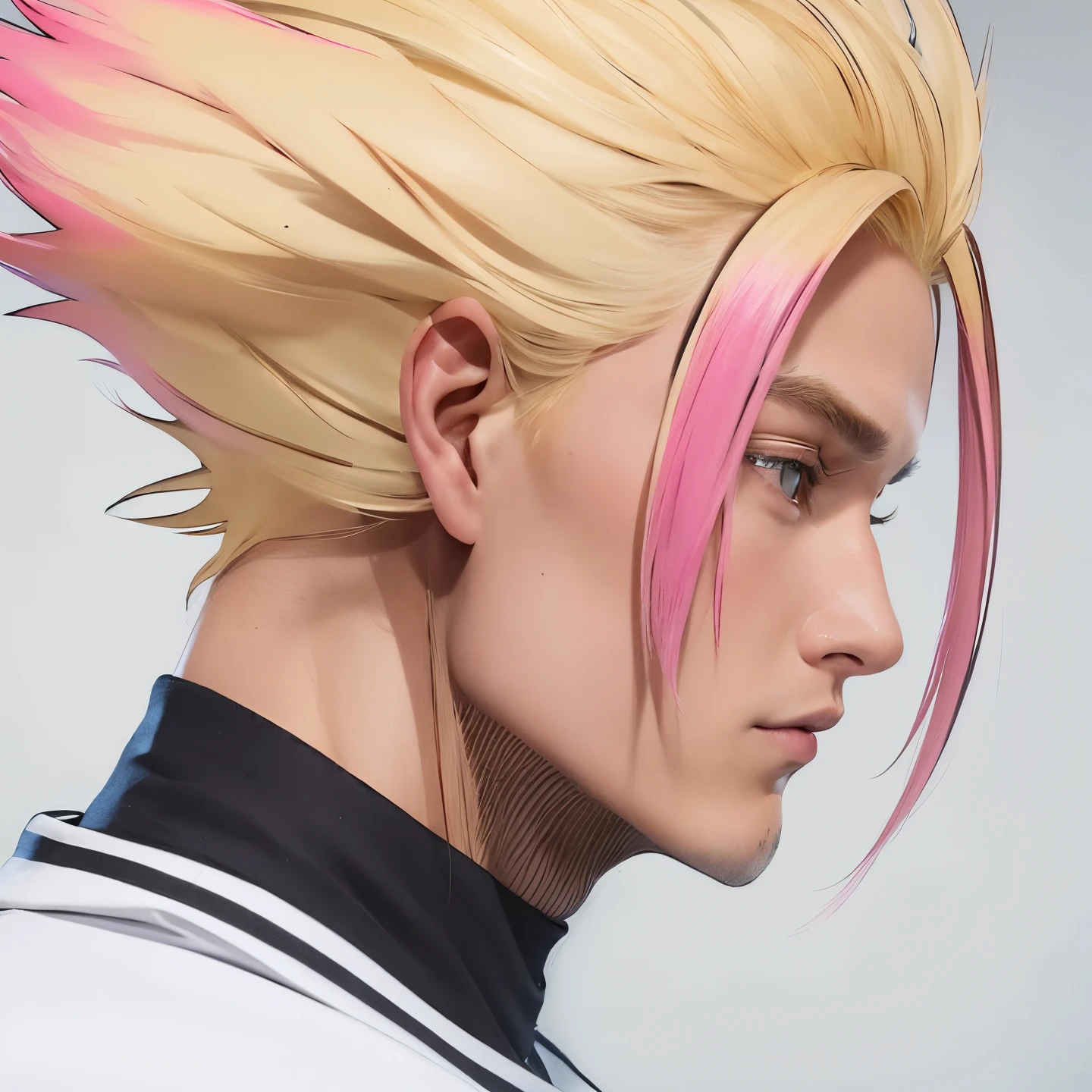 A man with realistic blonde and pink hair, the same realistic hairstyle, realistic handsome face, realistic cool expression, adapt Exactly the same clothes, realistic blonde eyelashes, realistic blonde eyebrows, realistic light, realistic shadows, realistic background,He's a male