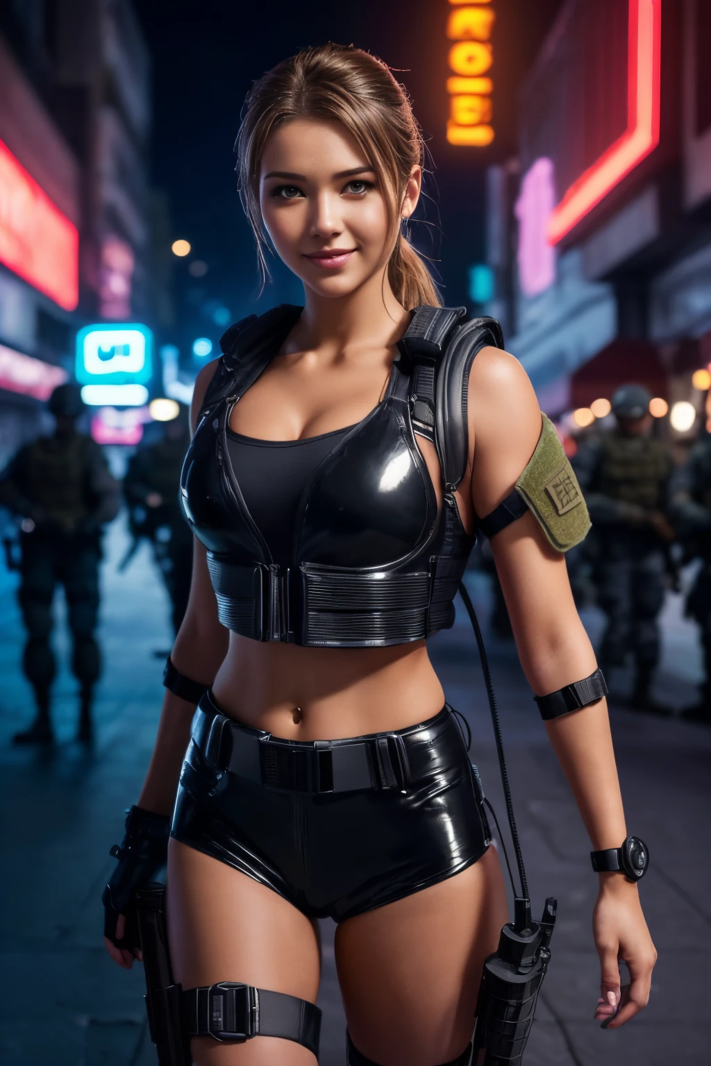 Best quality, A high resolution, Textured skin, 8K, Anatomically correct, masutepiece:1.2, Photorealsitic:1.2, Super realistic details, Realistic proportions, extra detailed face, solid circle eyes, Chubby girl, curves:1.2, view the viewer, (((Women's Special Forces:1.5, Special Forces badge, Heavily armed girl , Equipped with the latest guns:1.5, Modern equipment, Latex full body armor:1.4, tactical vest ,Military seat belts, Magazine belt, midriff, skin indentation,))), confident smile, Appearance々Stylish ponytail, Huge breasts, Sunburned body, Cyberpunk dystopian city, The future city, 2080s, Night scene, Beautiful neon lights, no people in background, Scene from Movie, Cinematic lighting, cinematic shadow, Vibrant colors, Feminine but authoritative, Pay attention to facial features and makeup, depth of fields, A futuristic,A smile