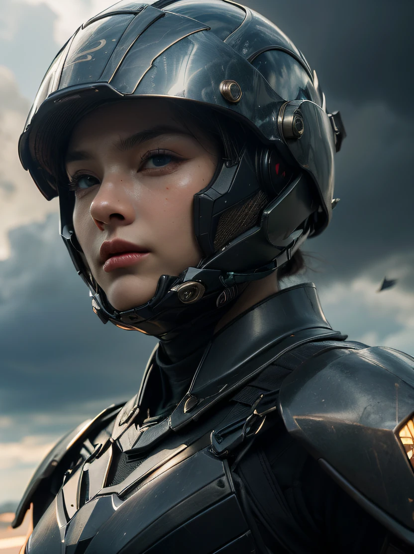 (top-quality、masterpiece、ultra-detailliert、hight resolution、realisitic、Photorealsitic、extremely delicate and beautiful、amazing fine details、The best illustrations、Dramatic Lighting、foco nítido)、Focus on the face、3/5 shots、beautiful young woman with、((full face helmet、Black Reinforced Armor Suit、armored gloves))、looking at the viewers、battle posture、a science fiction film、Dark blue eyes、Bob Blonde、serious faces、Sharp eyes、Realistic face resolution、realisitic、The background is the battlefield、Spacecraft in the sky、Bullets fly around、Dynamic action