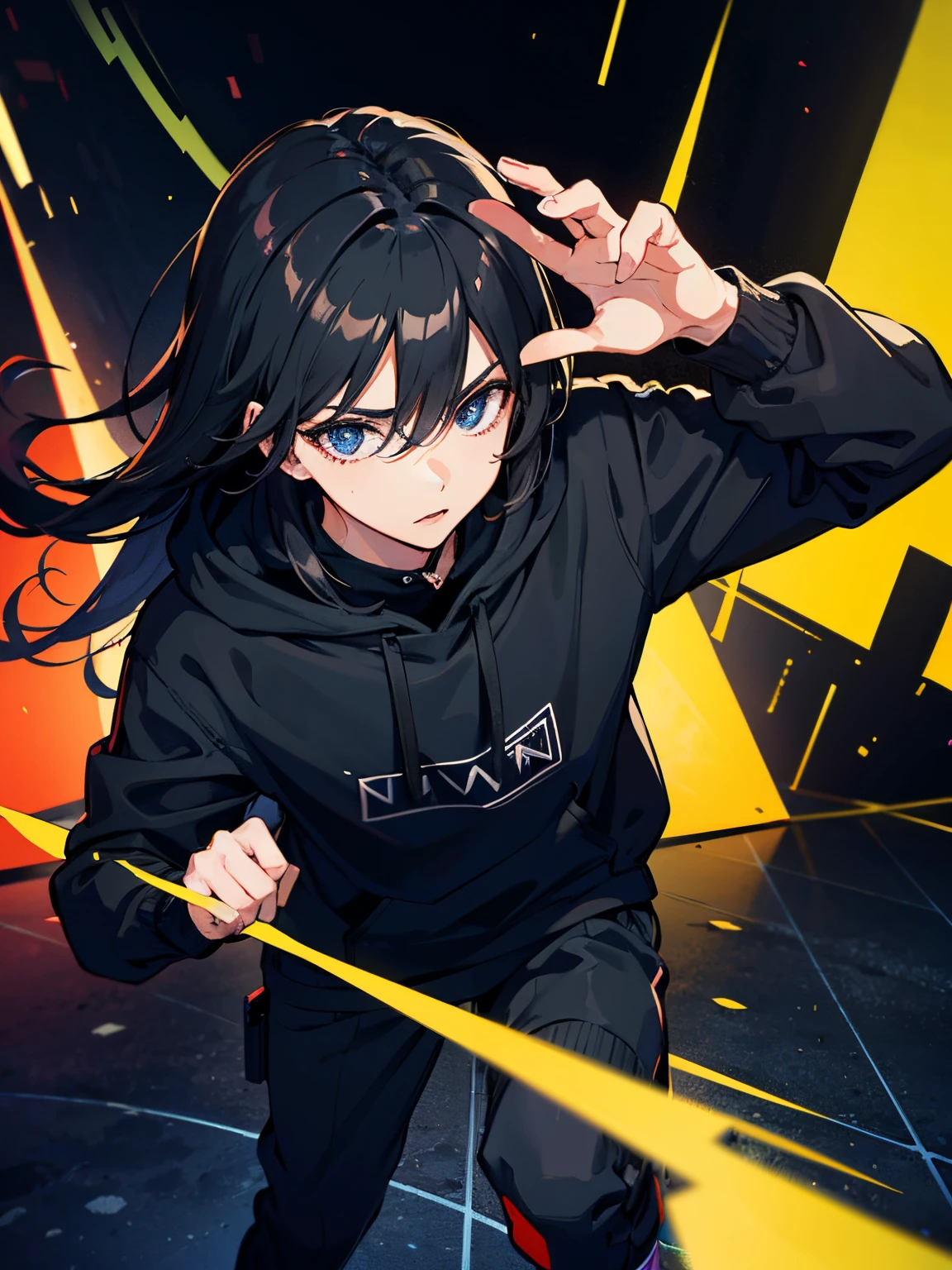 Cool Boy, man, Black hoodie, Sharp face, Black Long Hair, full bodyesbian, 4K, No background, on a stage