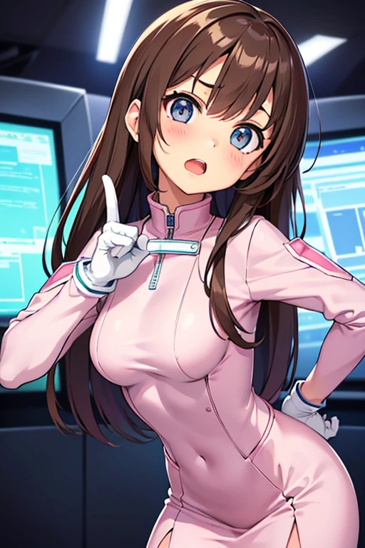 (leaning forward, 1 girl, looking at viewer, from front, facing straight at viewer, angry, index finger pointing, hand on hips, pink and light blue and white clothes, futuristic space suit, inside Laboratory room), upper body, shiny slim fit simple suit, shiny slim fit pencil skirt, white gloves, high neck clothes, hide the neck, drooping eyes, head tilt, masterpiece, best quality, an extremely cute girl, brown hair, open mouth