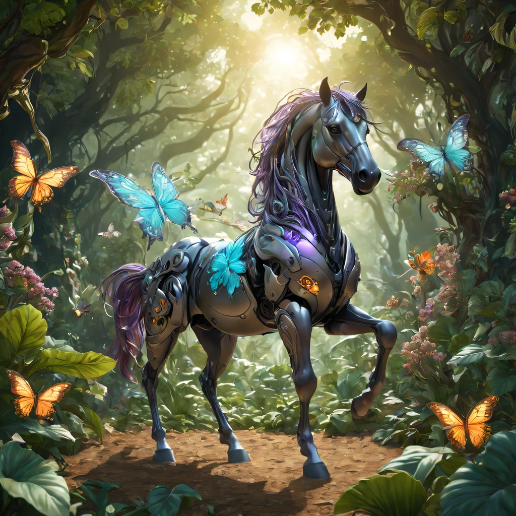Futuristic ethereal horse,Sci-fi butterflies,future horse,cavalos,Futuristic jungle background,tmasterpiece,(Very detailed CG unified 8k wallpaper),(Best quality),(Best Best Illustration),(The best shadow),The background is a forest theme,With natural elements,flowers blooming,warm color palette,Surrounded by delicate leaves and branches,rays of sunshine,(nature elements),(Jungle theme),(leafs),grape trees,,(exquisite leaves),(particle effect),isometric 3D,Rendered by Octane, ray traycing,ultra - detailed
