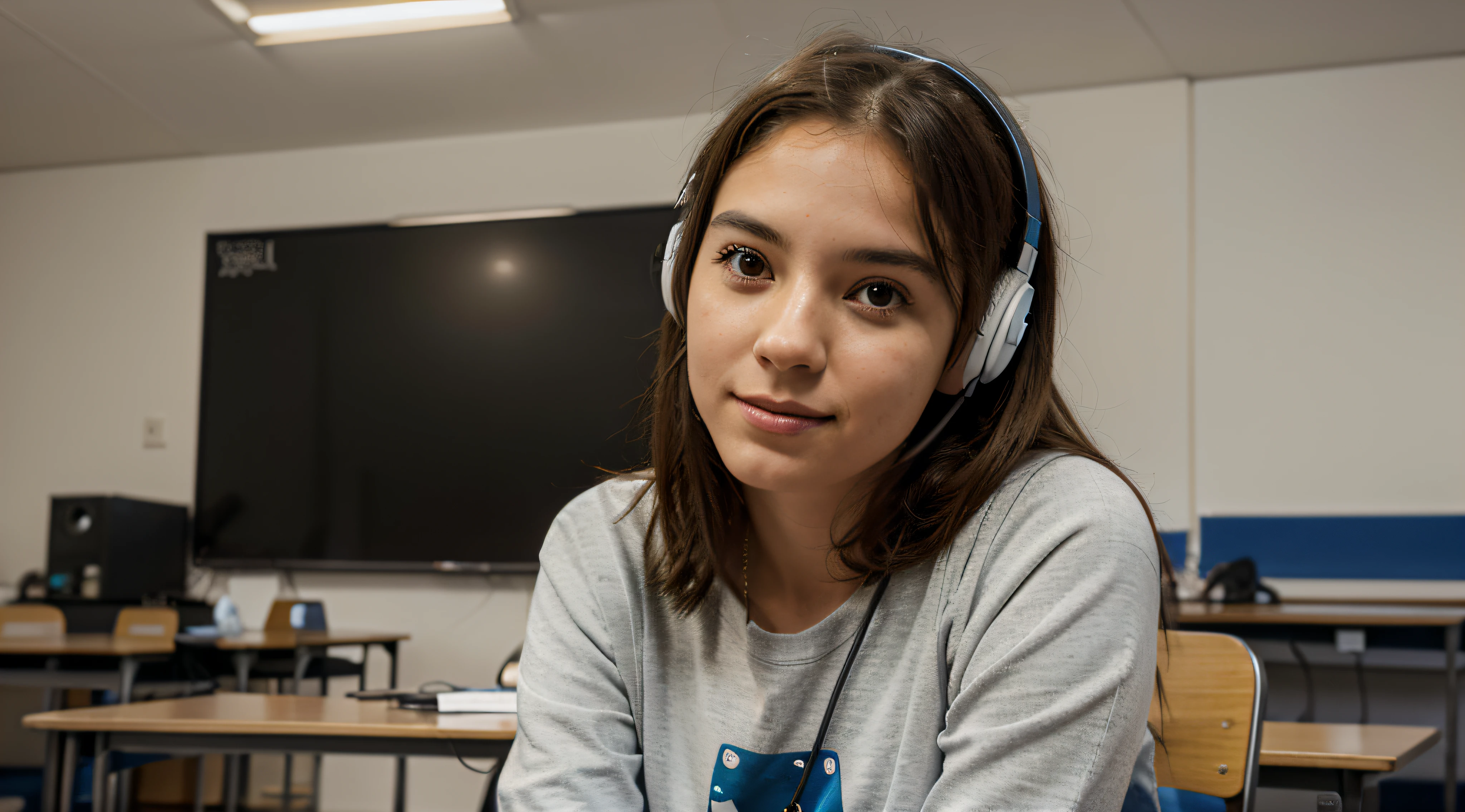 best quality Imagina uma estudante do sexo feminino dentro de uma sala de aula participando de uma aula online. She is sitting in front of the camera, com um ambiente de aprendizado ao redor. Your face reflects interest and dedication, and she is involved in online interaction with classmates and teachers., She may be wearing headphones to ensure clear communication, and your study space can include books, notes and maybe a cup of coffee. A sala de aula virtual exibe a interface do ambiente online, com telas de compartilhamento, chat and other elements that represent the dynamics of a distance class., This representation seeks to reflect the current reality of many students, especially considering the predominance of online classes in holding, side drill, quad drills, Surrealism, anaglyph, 8k, super detail, ccurate, 16k, super detail, high details, high quality