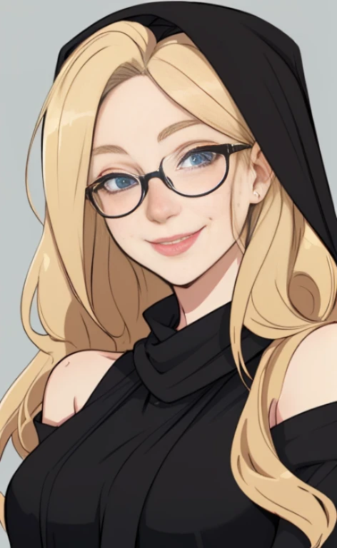 Portrait of a 23 years old blonde woman wearing a black headscarf, glasses and a long dress,  calm smile, blue eyes, freckles.