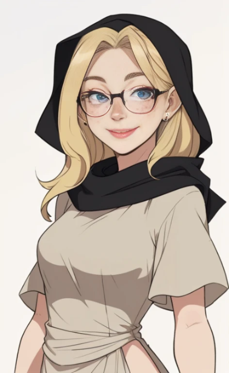 Portrait of a 23 years old blonde woman wearing a black headscarf, glasses and a long dress,  calm smile, blue eyes, freckles.