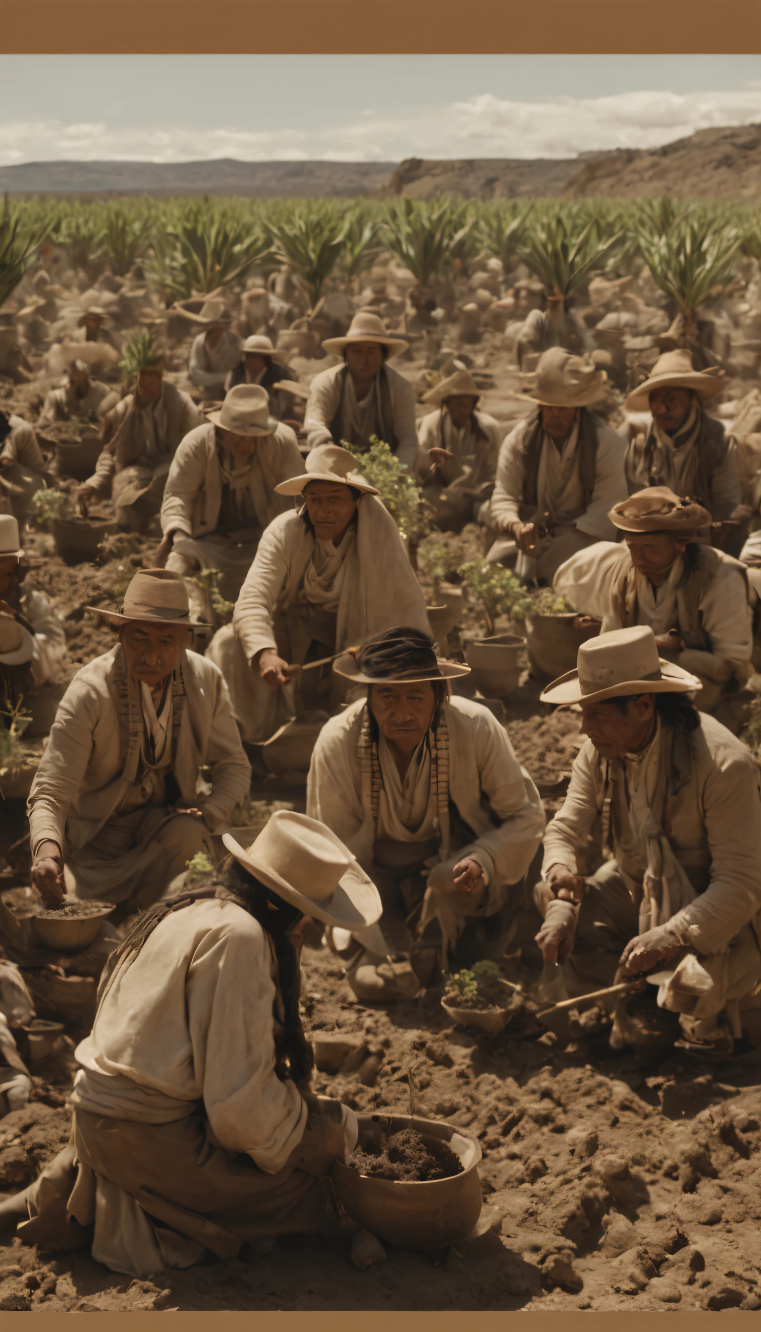 A group of Hopi people planting crops on a plantation, neat facial anatomy, main scene of the film, by Joseph Severn, symmetrical artwork. cinematic, colonial, film characters, official art, character reveal, film promo, ( (theatre) ), seven, character portraits, alexander hamilton style, live action film, 8 k