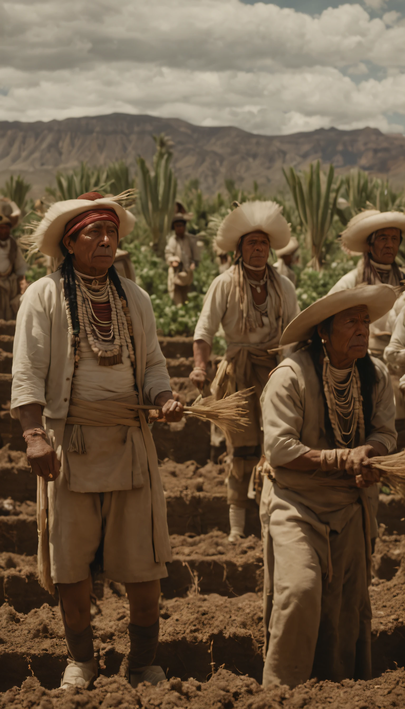 A group of Hopi people planting crops on a plantation, neat facial anatomy, main scene of the film, by Joseph Severn, symmetrical artwork. cinematic, colonial, film characters, official art, character reveal, film promo, ( (theatre) ), seven, character portraits, alexander hamilton style, live action film, 8 k