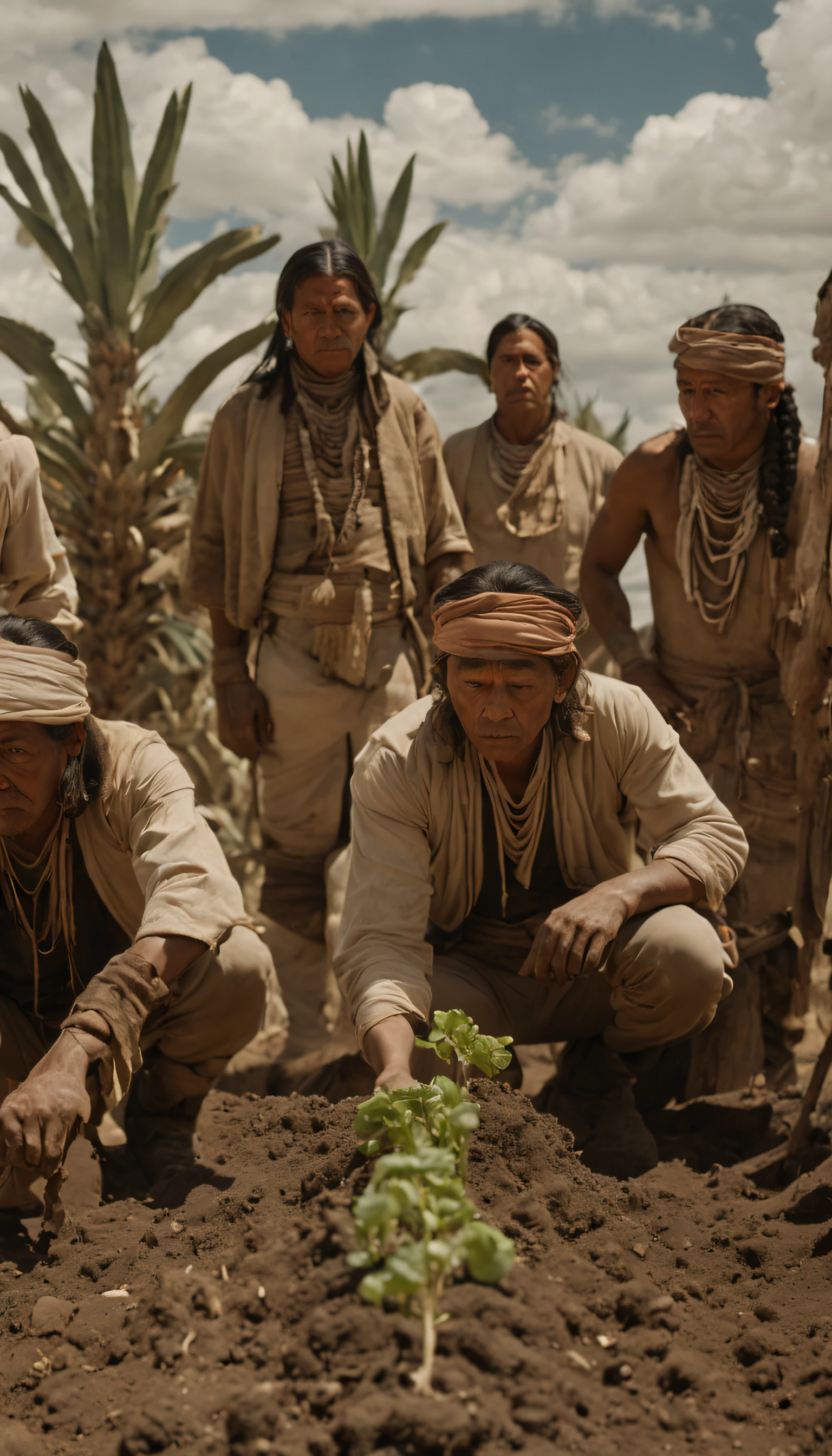 A group of Hopi people planting crops on a plantation, neat facial anatomy, main scene of the film, by Joseph Severn, symmetrical artwork. cinematic, colonial, film characters, official art, character reveal, film promo, ( (theatre) ), seven, character portraits, alexander hamilton style, live action film, 8 k