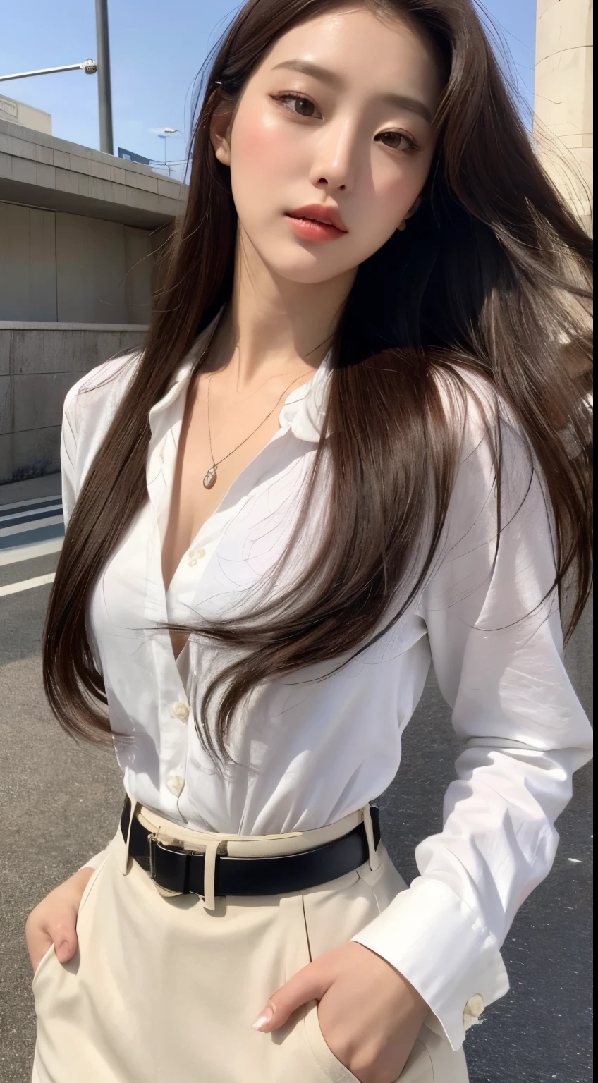 (Best quality, High resolution, Masterpiece :1.3), A tall and pretty woman, Slender abs, Dark brown hair styled in loose waves, Breasts, Wearing pendant, White button up shirt, Belt, Black skirt, (Modern architecture in background), Details exquisitely rendered in the face and skin texture, Detailed eyes, Double eyelid, ulzzang -6500-v1.1